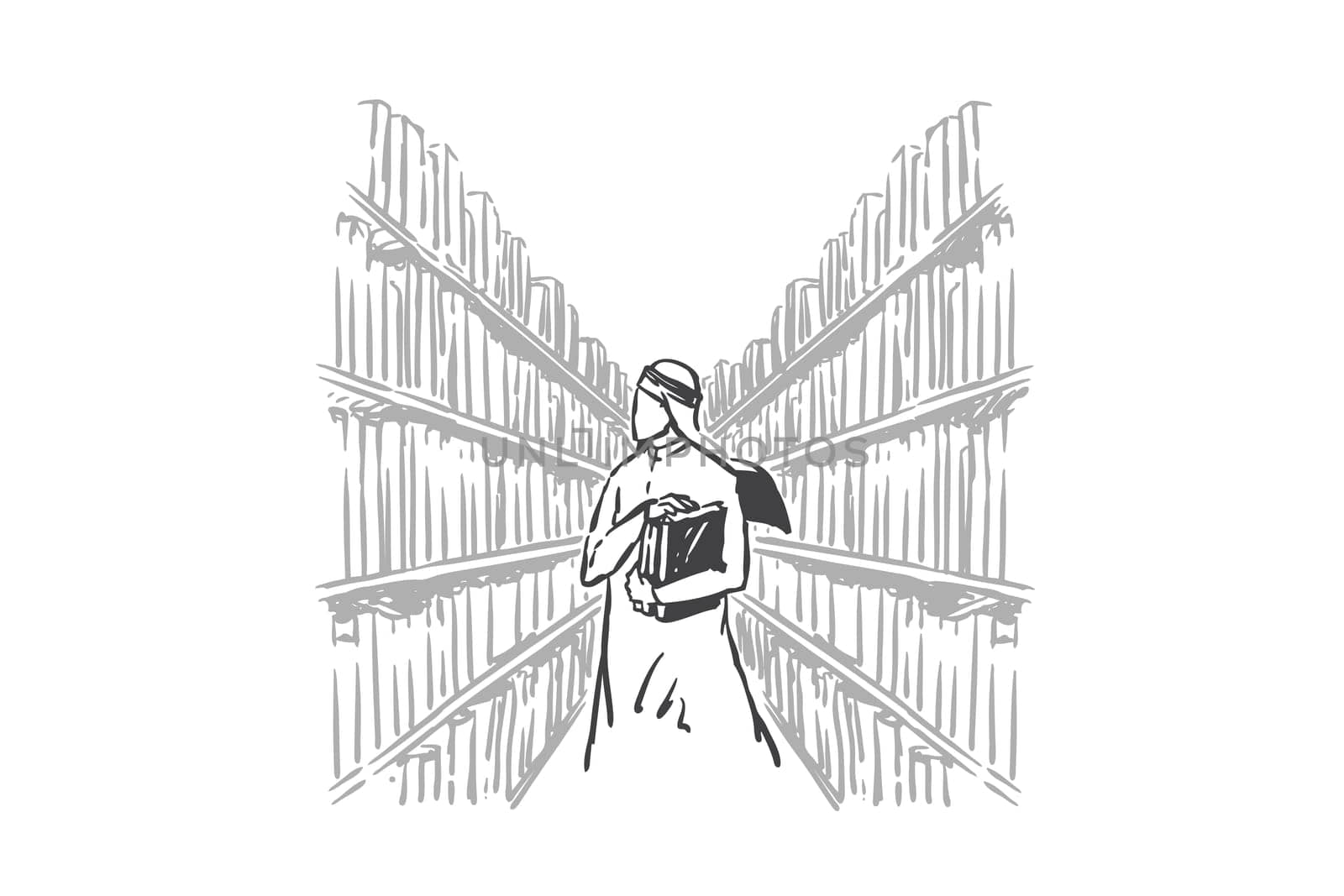 Learning, self-education concept sketch. Muslim man choosing book in library. Arab student studying, getting education, preparing for exam. Postgraduate doing research work. Hand drawn isolated vector