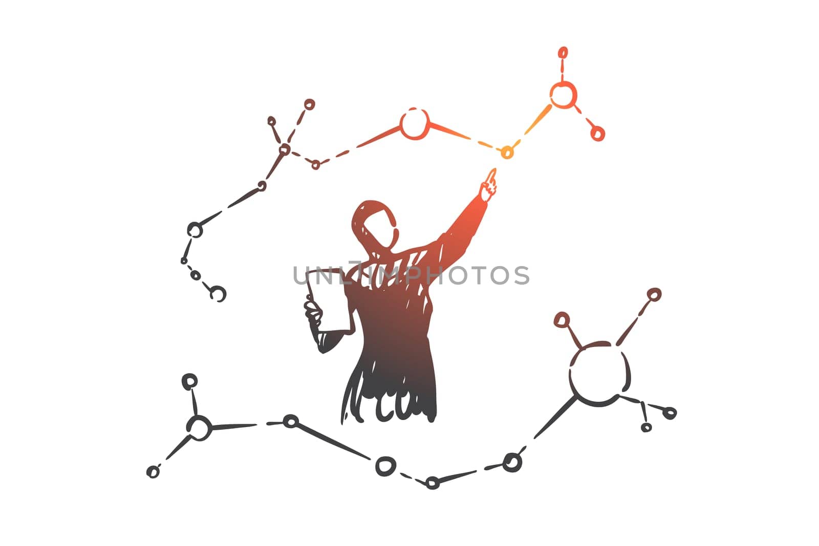 Arab women scientists concept sketch. Muslim researcher analysing chemical formula female chemist studying atomic structure, making breakthrough discovery. Hand drawn isolated vector