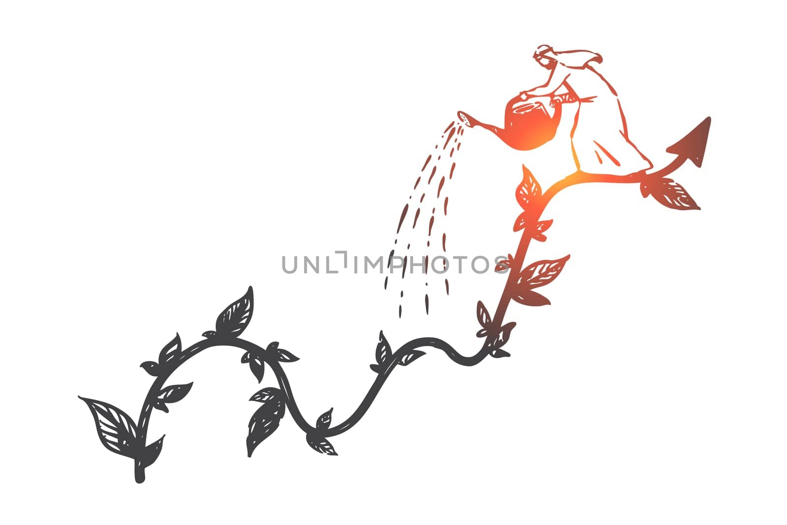 Capital investment, deposit concept sketch. Profit growth, income increase metaphor, arab investor on rising arrow with leaves, muslim businessman watering financial graph. Hand drawn isolated vector