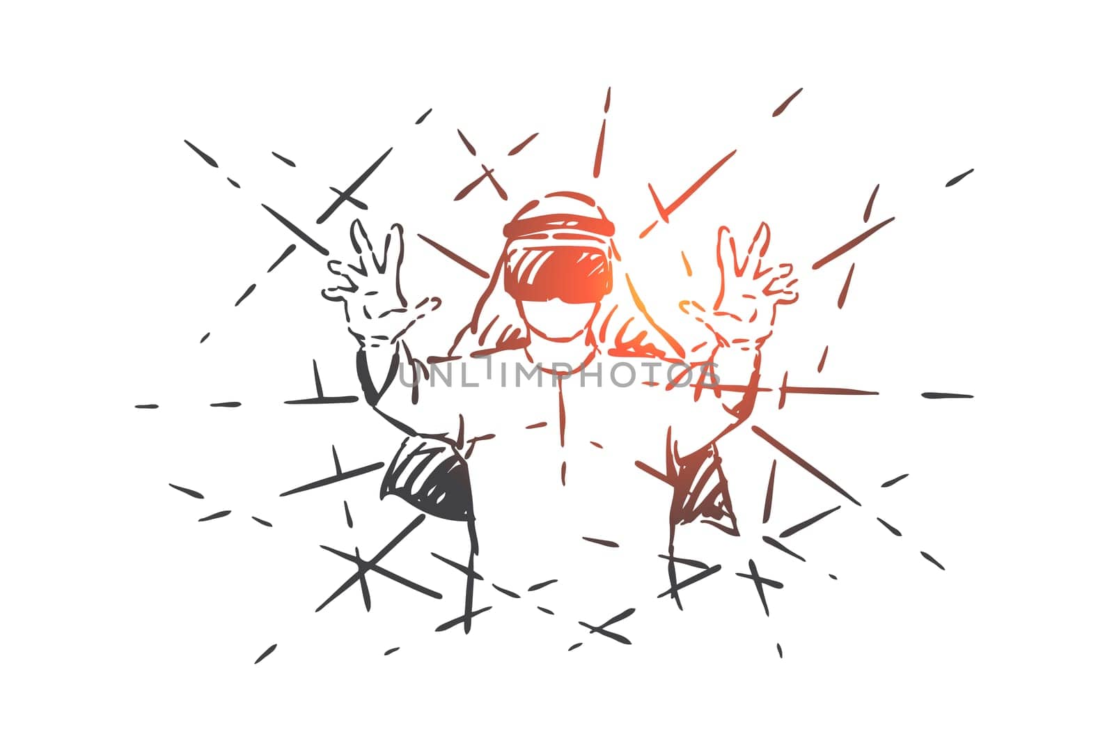 Muslim enjoying VR gaming concept sketch. Excited Arab man wearing virtual reality headset, amazed businessman testing augmented reality, cyberspace, simulation experience. Hand drawn isolated vector