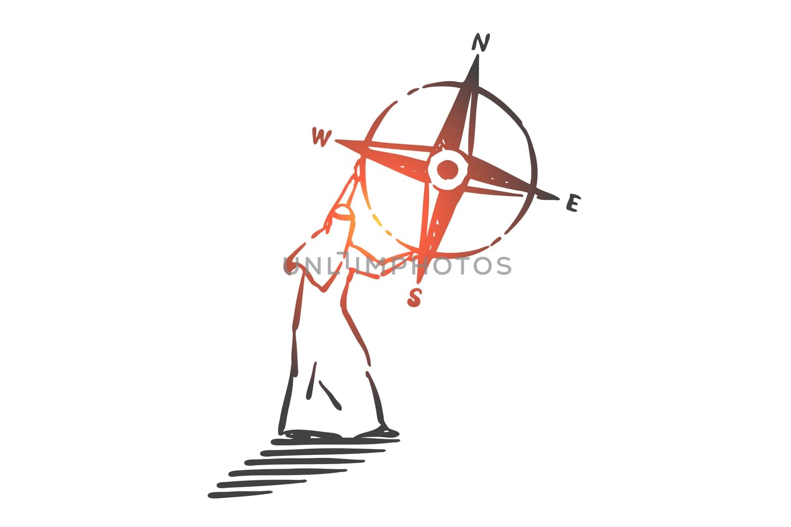Business navigation, leadership concept sketch. Muslim man with cardinal points, arab businessman with compass choosing company direction, strategy planning metaphor. Hand drawn isolated vector