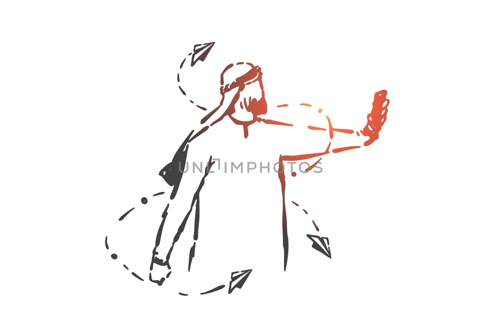 SMM, notification, newsletter concept sketch. Mobile advertisement, social media marketing, Arab businessman taking smartphone selfie, Muslim Internet networks user. Hand drawn isolated vector