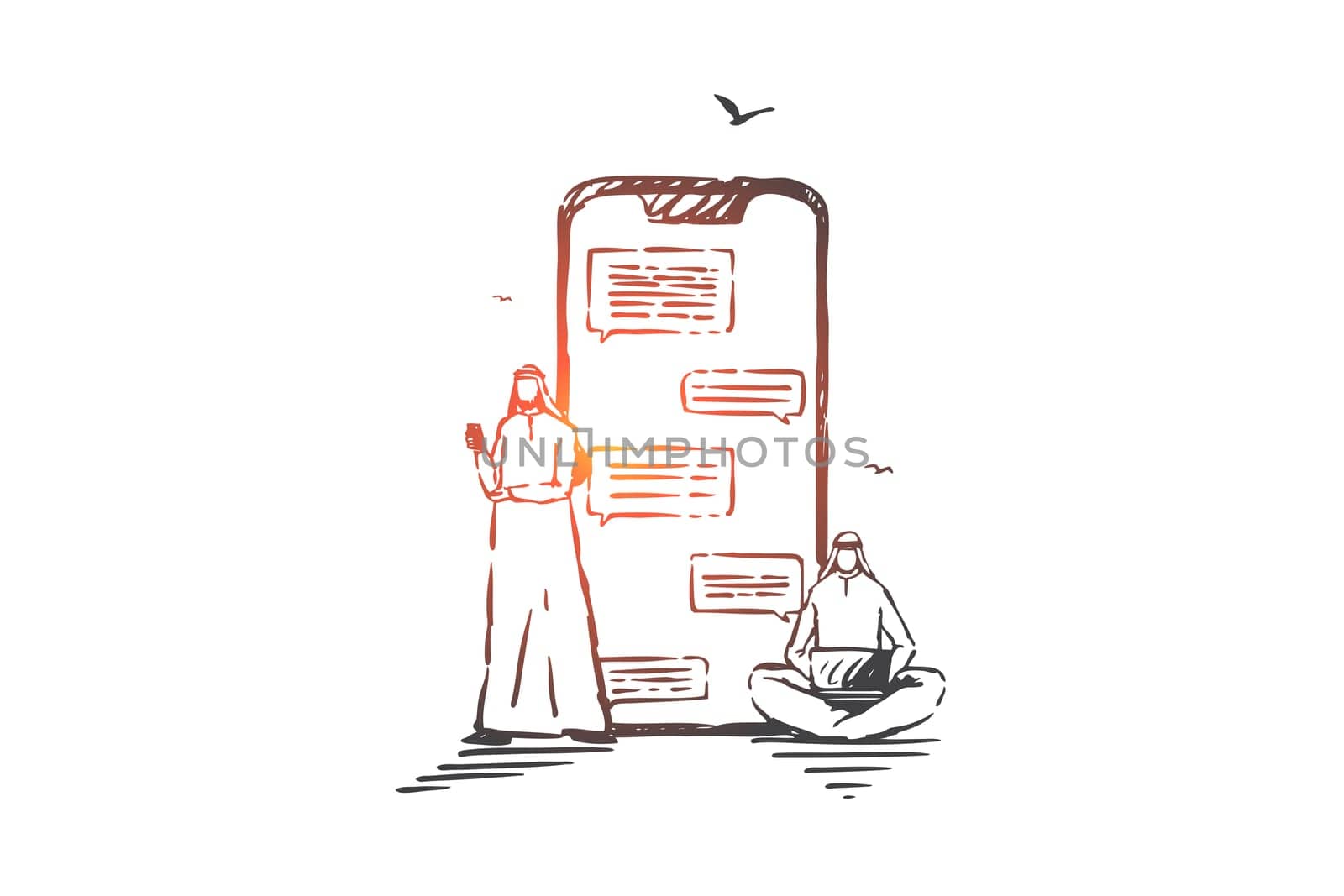Online communication, chatting concept sketch. Arab businessmen, Muslim partners sending messages with smartphone, laptop, computer technologies for business correspondence. Hand drawn isolated vector