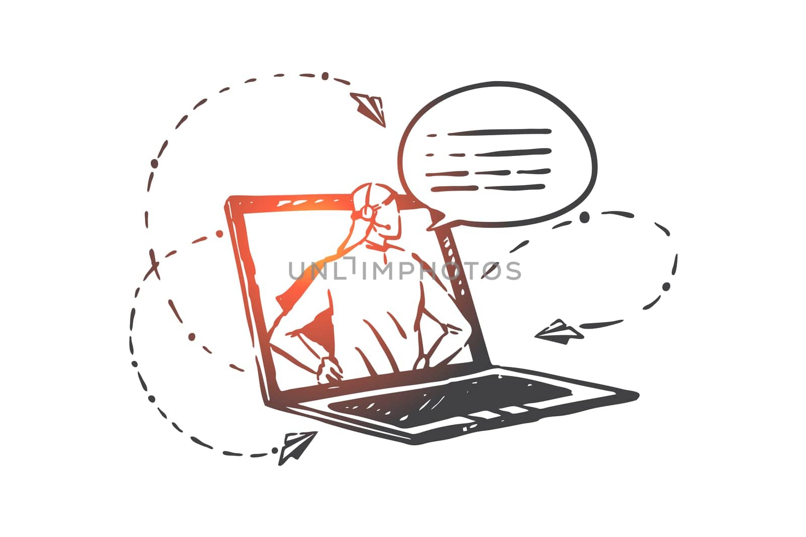 Helpline, operator, hotline concept sketch. Online business consulting, Internet technical support, Arab sales agent, customer service, Muslim businessman call center. Hand drawn isolated vector
