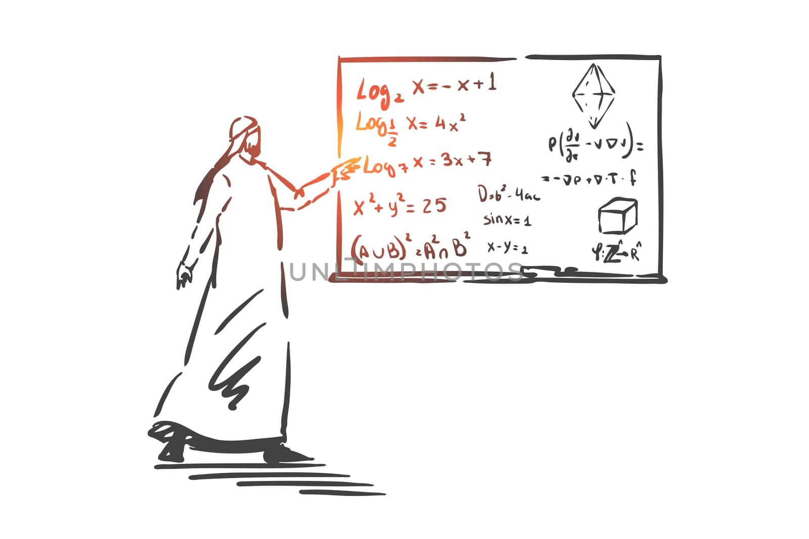 Algebra lesson, education concept sketch. Muslim university teacher explaining maths and scientific formula, Arab lecturer, school tutor at class, exact science course. Hand drawn isolated vector