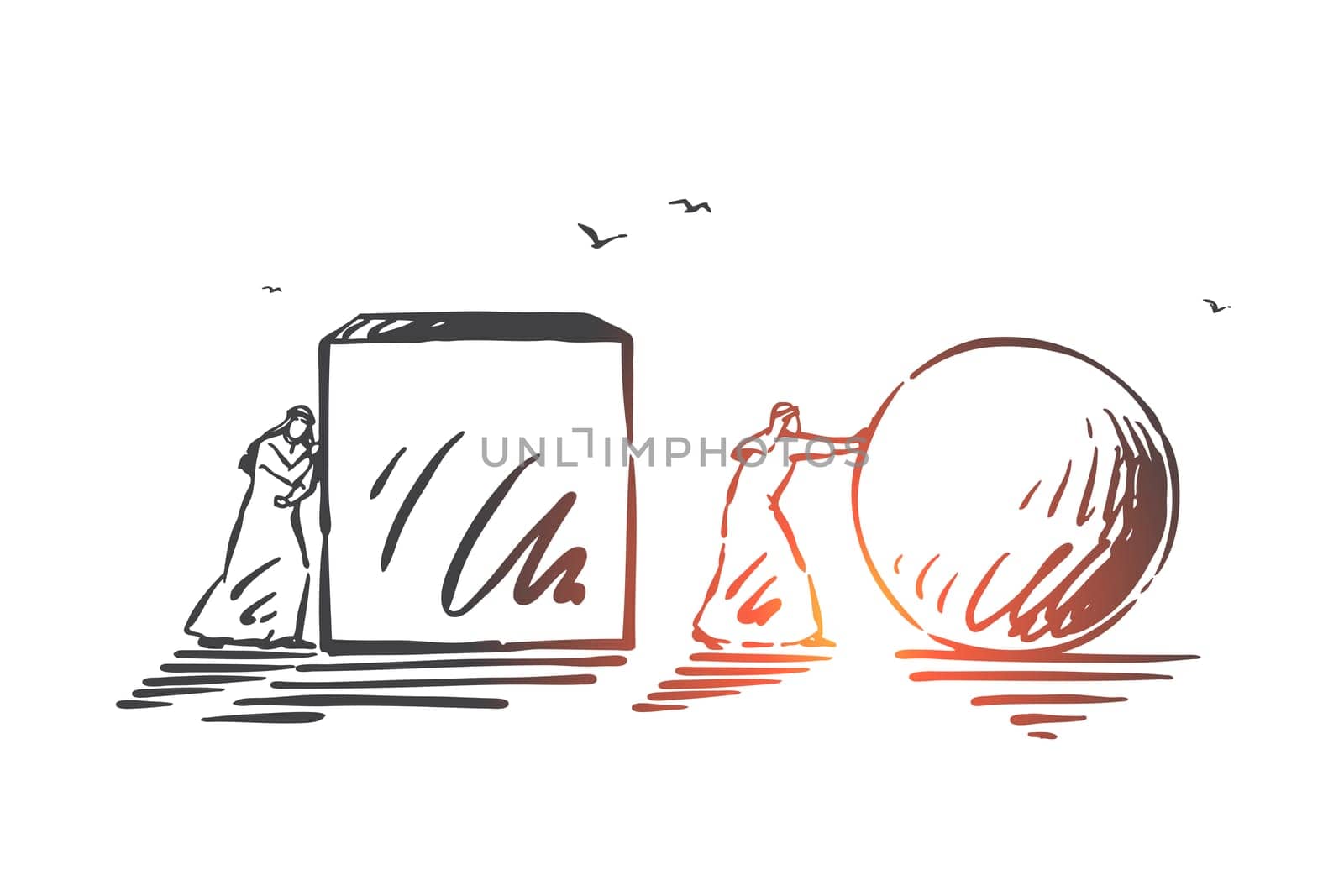 Business competition, advantage concept sketch. Performance management, work efficiency optimization metaphor, muslim people, arab businessmen pushing geometric figures. Hand drawn isolated vector