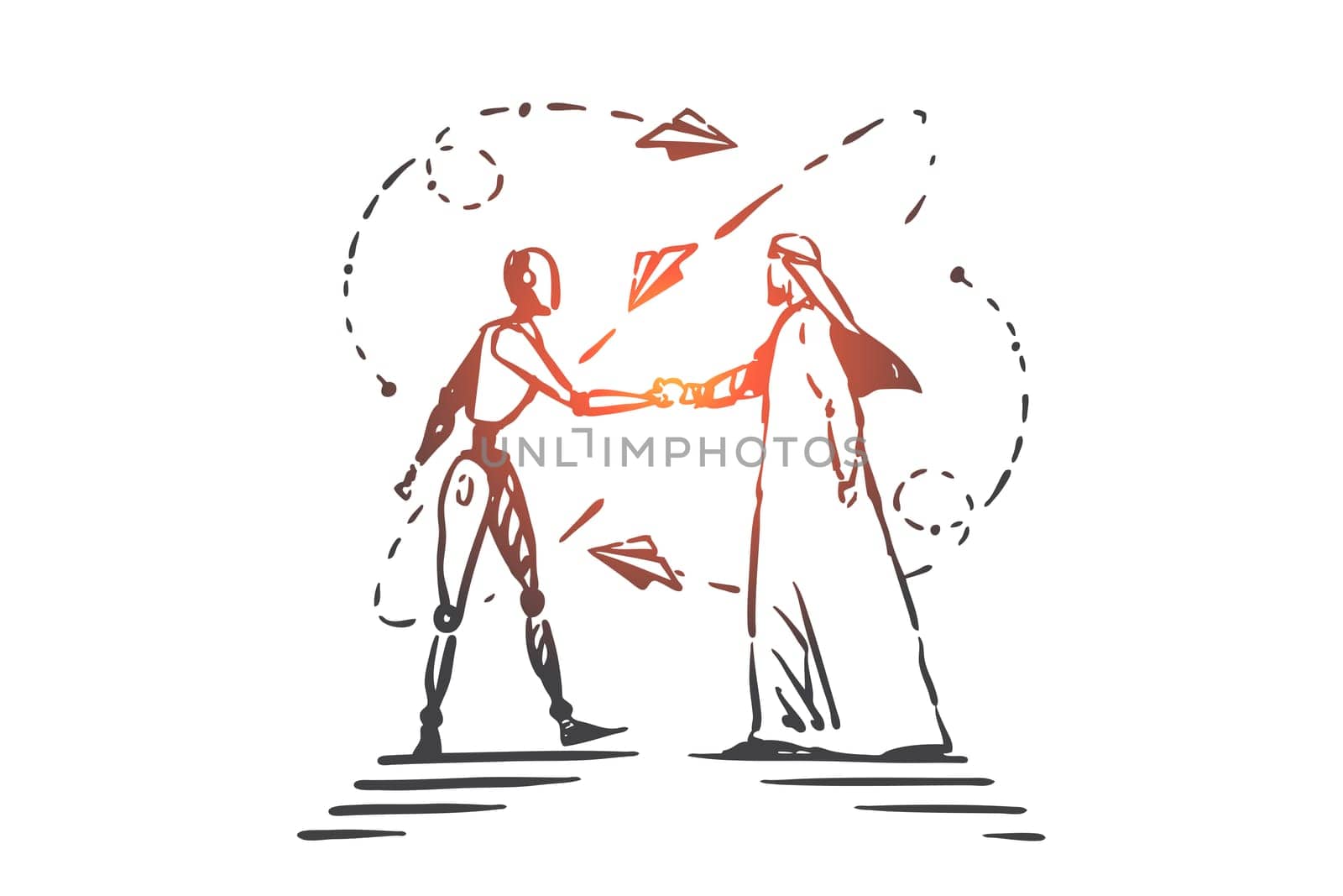 AI technologies, partnership concept sketch. Artificial intelligence creation, Arab and robot handshaking, Muslim businessman and cyborg coworking, futuristic high tech. Hand drawn isolated vector