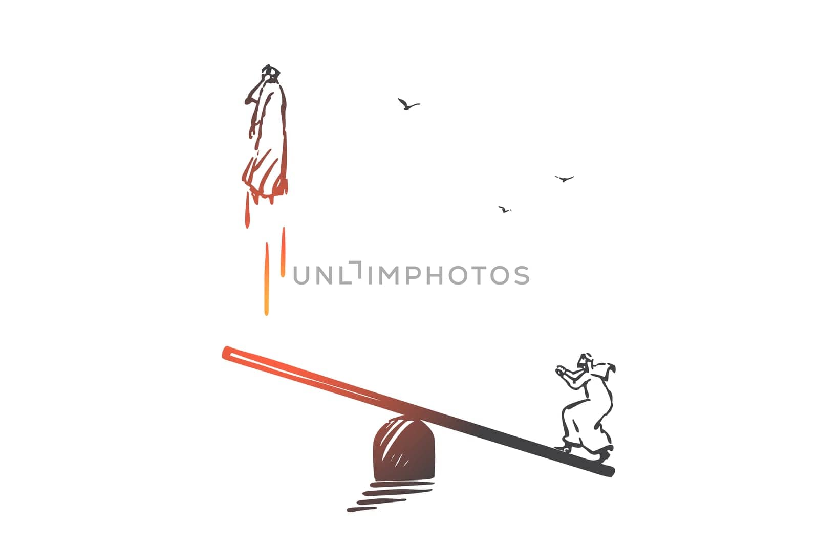 Partnership, teamwork, cooperation concept sketch. Muslim people balancing on seesaw, businessman leadership, Arab business partners coworking, job promotion metaphor. Hand drawn isolated vector