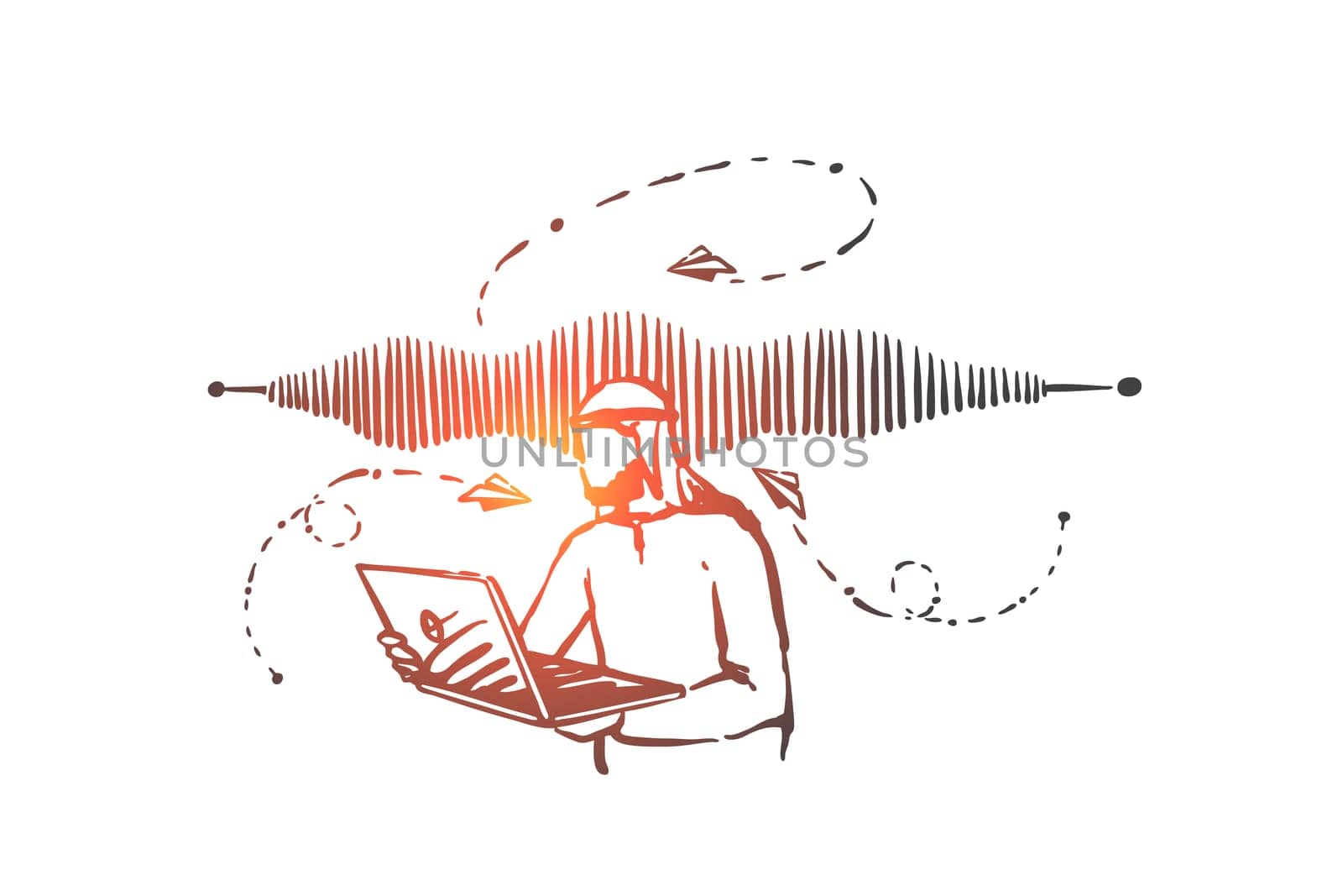 Internet video call concept sketch. Modern communication technology, online conference, business conversation, voice mail metaphor, arab businessman, muslim man with laptop. Hand drawn isolated vector