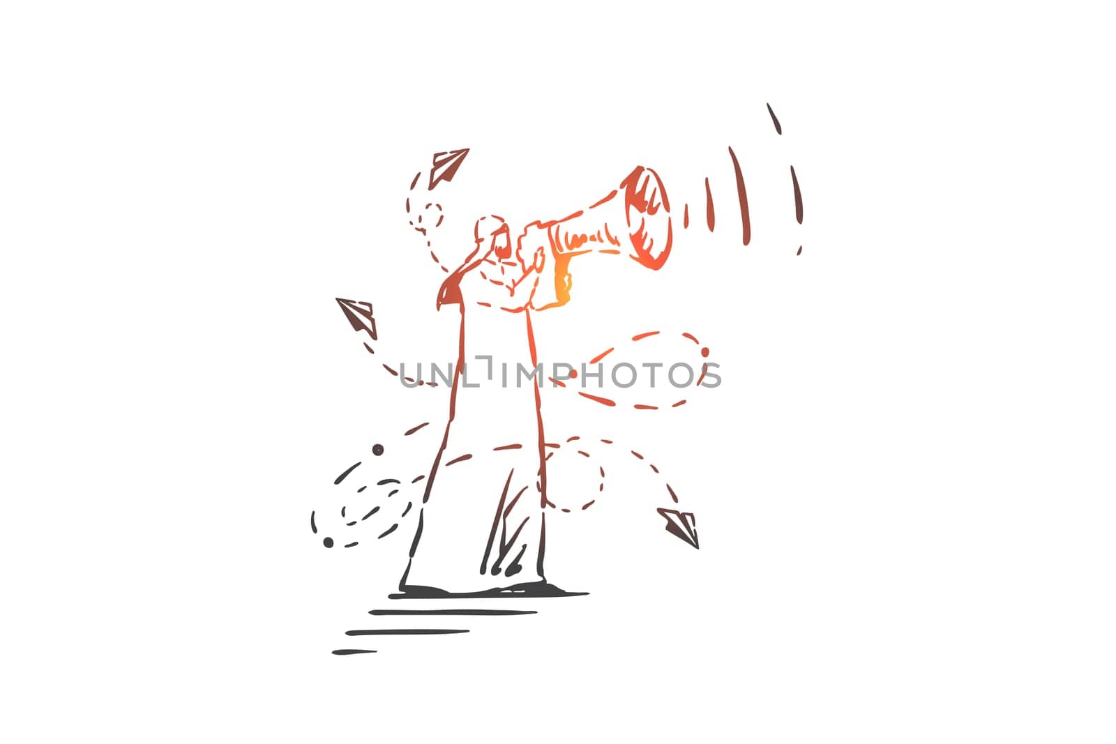 Announcement, promotion, notification concept sketch. Arab marketer with megaphone, advertisement and promo campaign, Muslim businessman shouting in loudspeaker. Hand drawn isolated vector