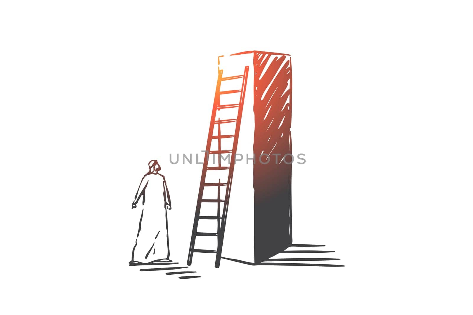 Business aspiration, opportunity concept sketch. Business ambition, goal achievement metaphor, arab businessman, ambitious muslim entrepreneur set up ladder to climb block. Hand drawn isolated vector