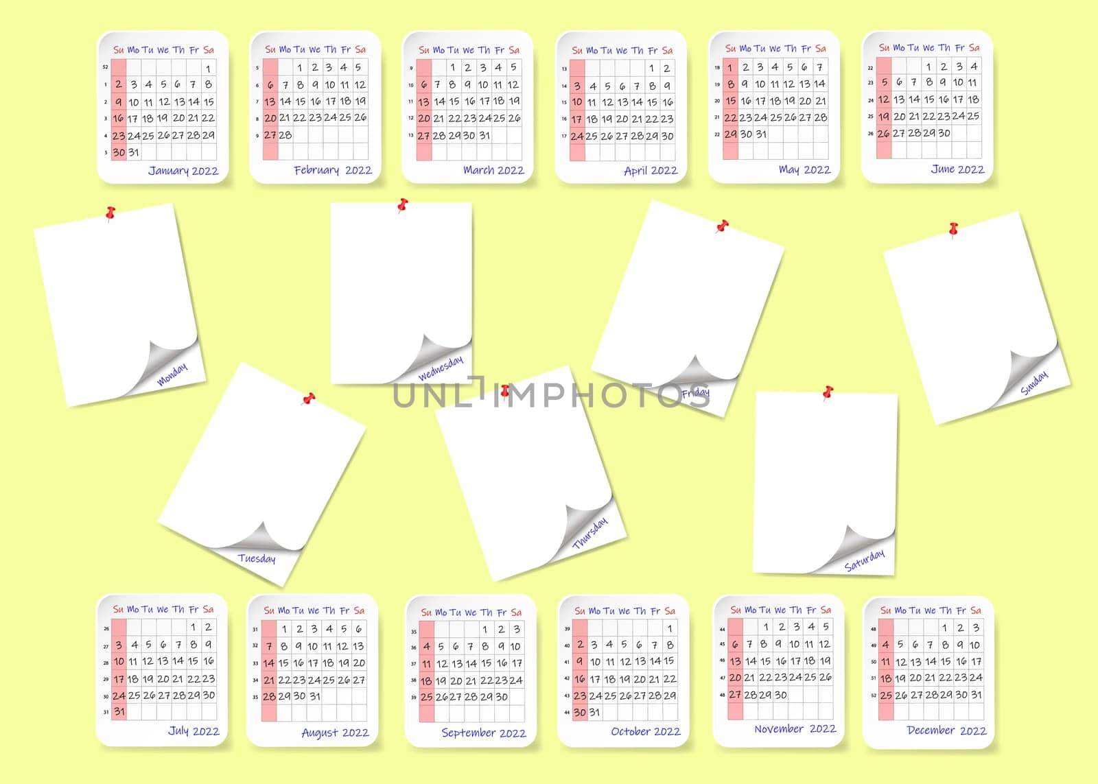 Weekly planner with blank stickers calendar for 2022 year on yellow background. Week starts on Sunday.