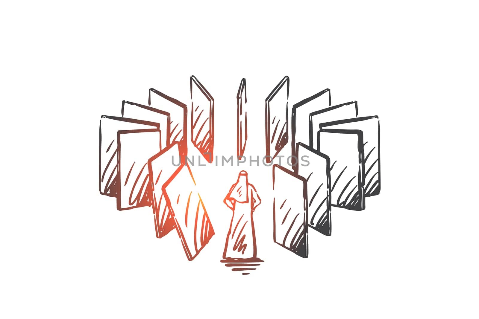 Domino effect, karma concept sketch. Cause and consequence, punishment creative metaphor, arab businessman, muslim man standing in collapsing domino circle. Hand drawn isolated vector