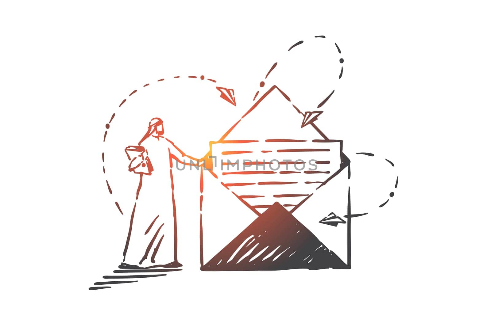 Postal service, correspondence concept sketch. Old fashioned business communication, newsletter metaphor, arab postman, muslim mailman with open envelope and paper planes. Hand drawn isolated vector