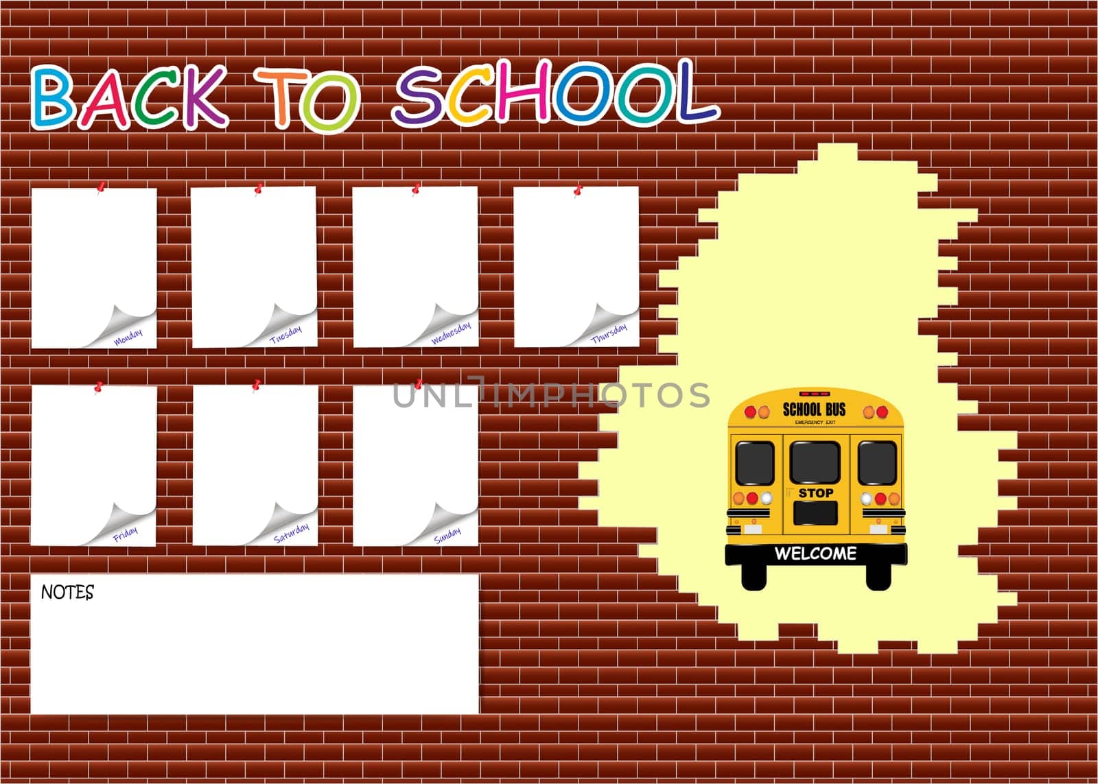 Back to school  calendar with blank stickers on the brick wall and school bus in a hole in the wall.