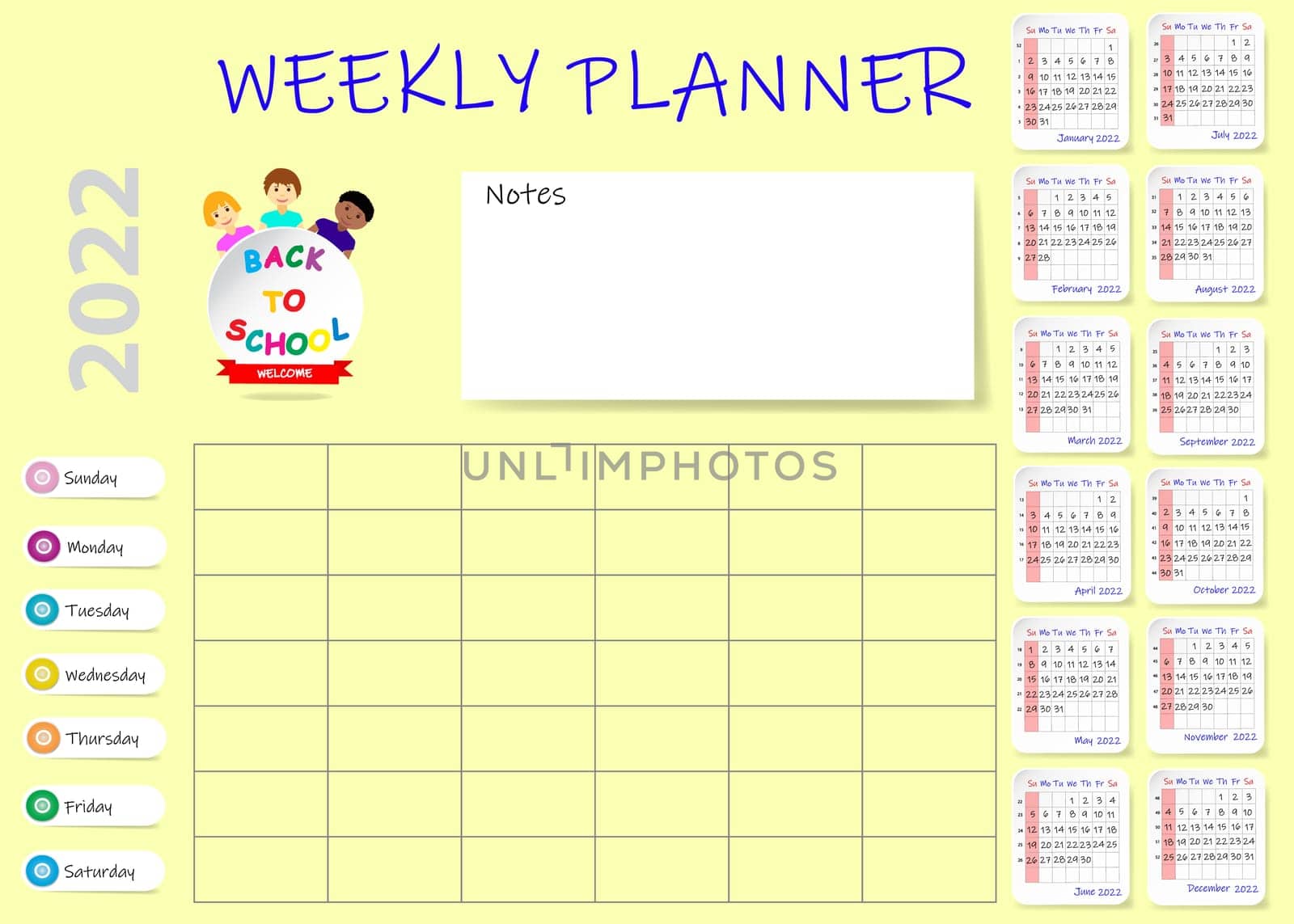 2022 year weekly planner with blank calendar and notes or 2022 year. on yellow background. Week starts on Sunday.