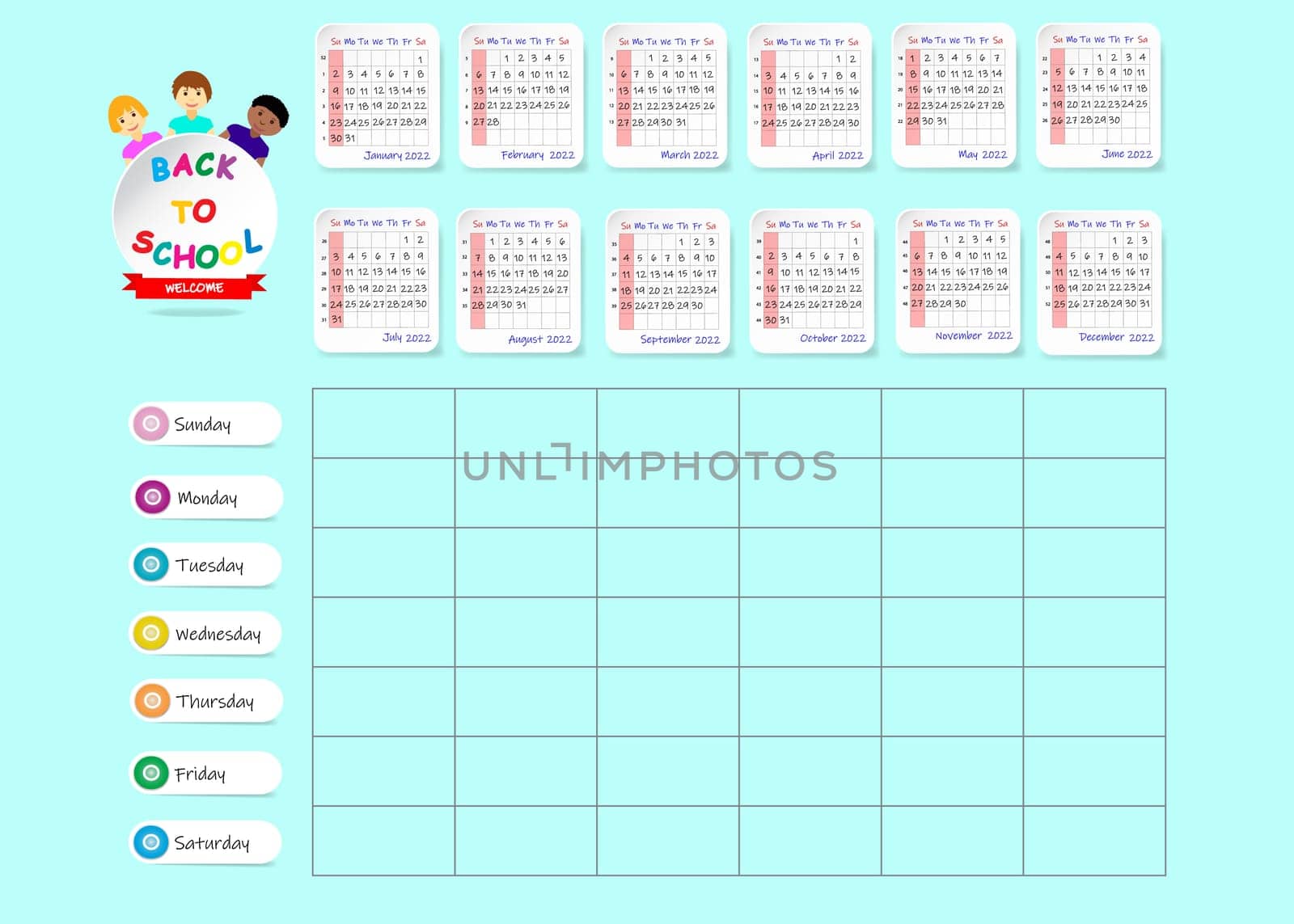 Weekly planner with blank calendar for 2022 year on turquoise background. Week starts on Sunday.