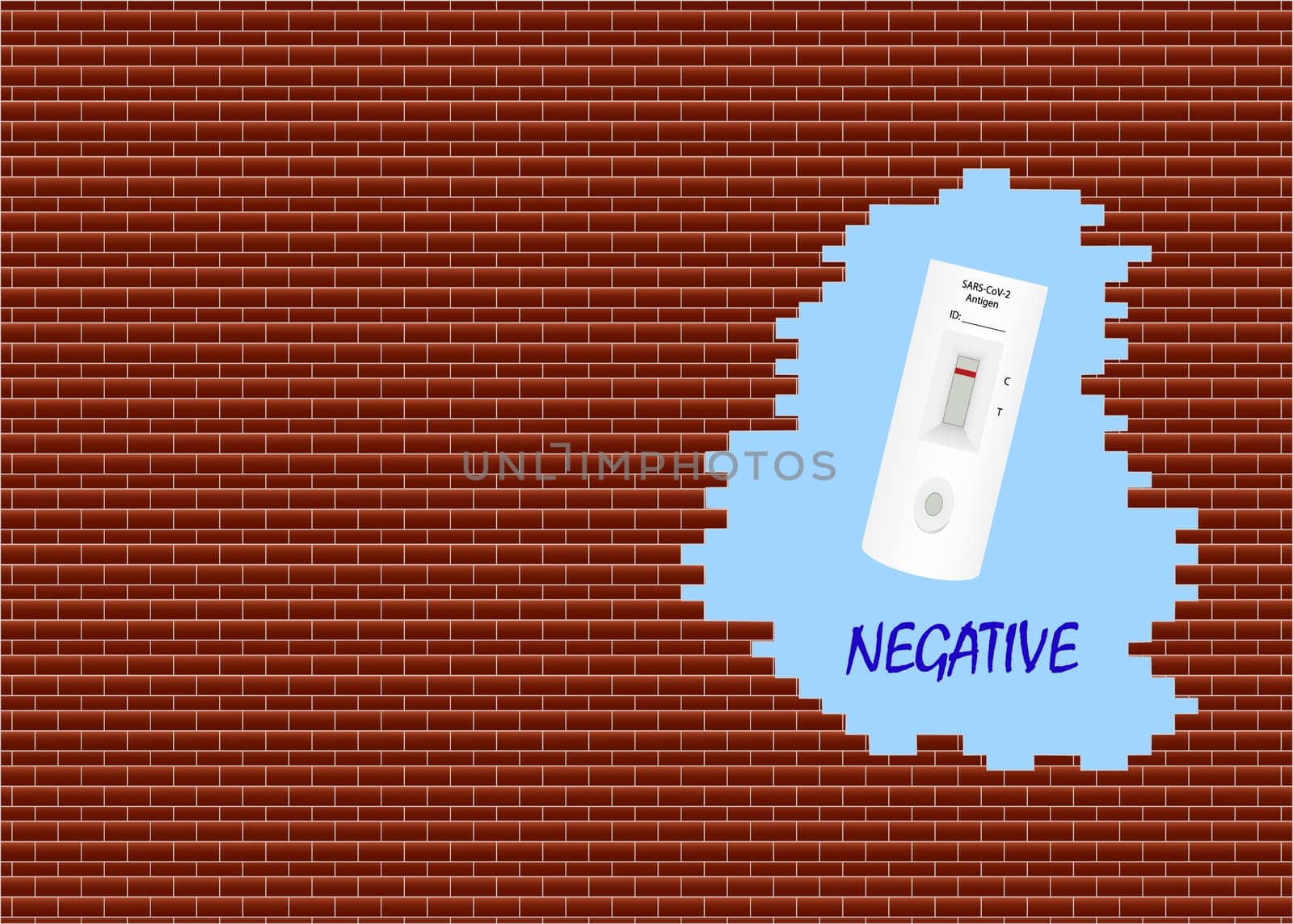 Vector showing  rapid covid-19 test with negative result in a hole in the brick wall.