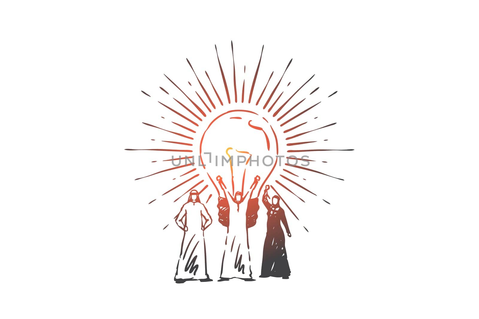 Innovation, teamwork, brainstorming concept sketch. Arab businessmen and businesswoman searching creative solution and ideas together, Muslim business partnership. Hand drawn isolated vector