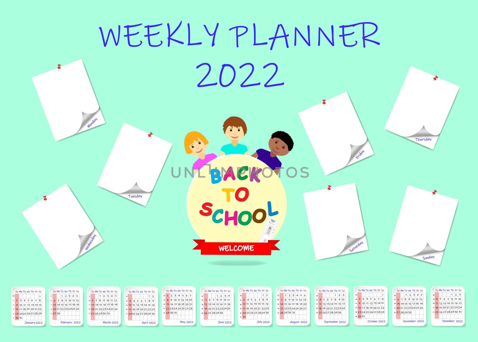 Back to school  weekly planner with blank stickers and round with children of different races.