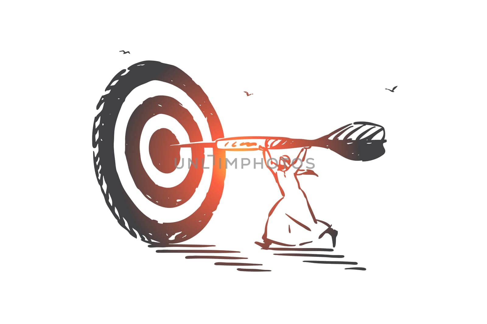 Achievement, aim, skill concept sketch. Business strategy and goal, targeted marketing, leadership and success, Arab man victory, Muslim businessman solution result. Hand drawn isolated vector
