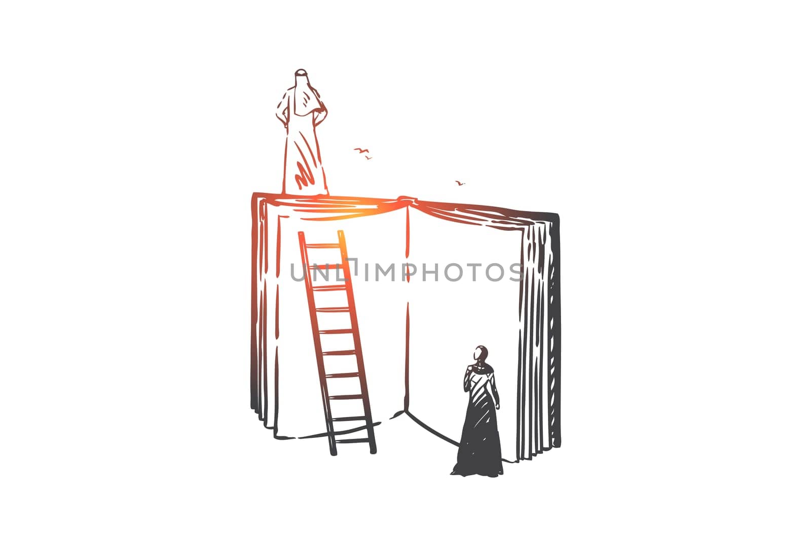 Wisdom, mentoring, aspirations concept sketch. Personal growth, self improvement, education metaphor, smart muslim man, wise arab businessman standing on book. Hand drawn isolated vector