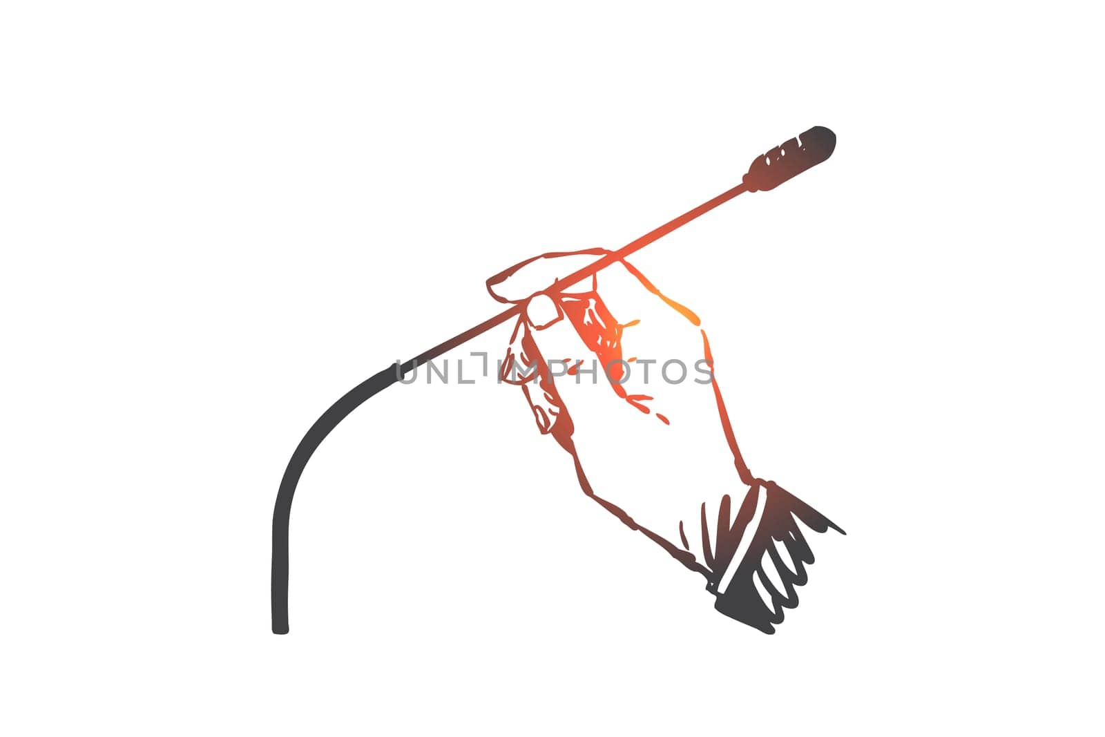 Press conference, broadcast, concept sketch. Mass media interview, business meeting and seminar, politician presentation, orator speech, businessman hand holding microphone. Hand drawn isolated vector