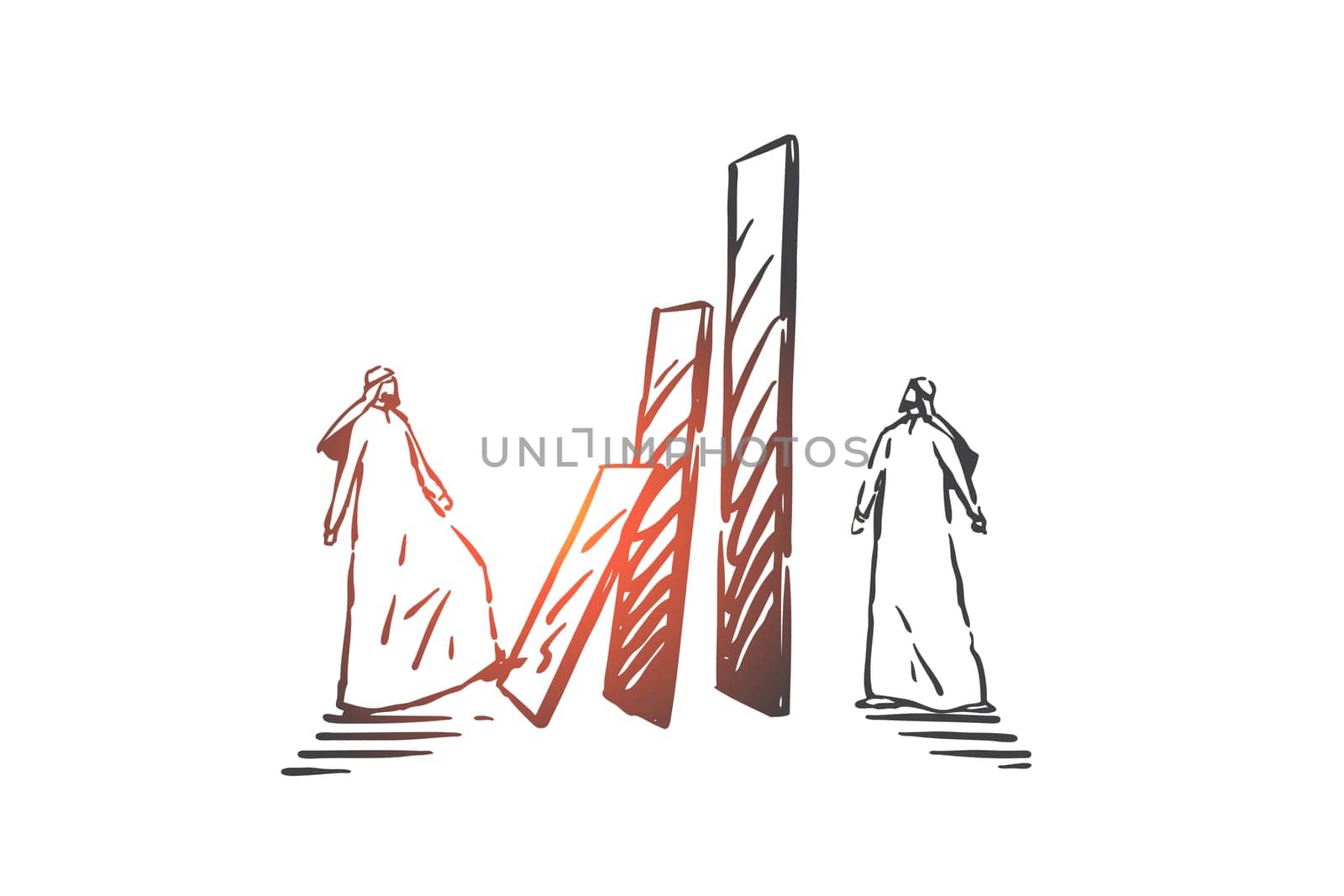 Business rivalry, competition concept sketch. Competitor, opponent elimination, sabotage metaphor, arab businessman, muslim entrepreneur pushing domino column on enemy. Hand drawn isolated vector