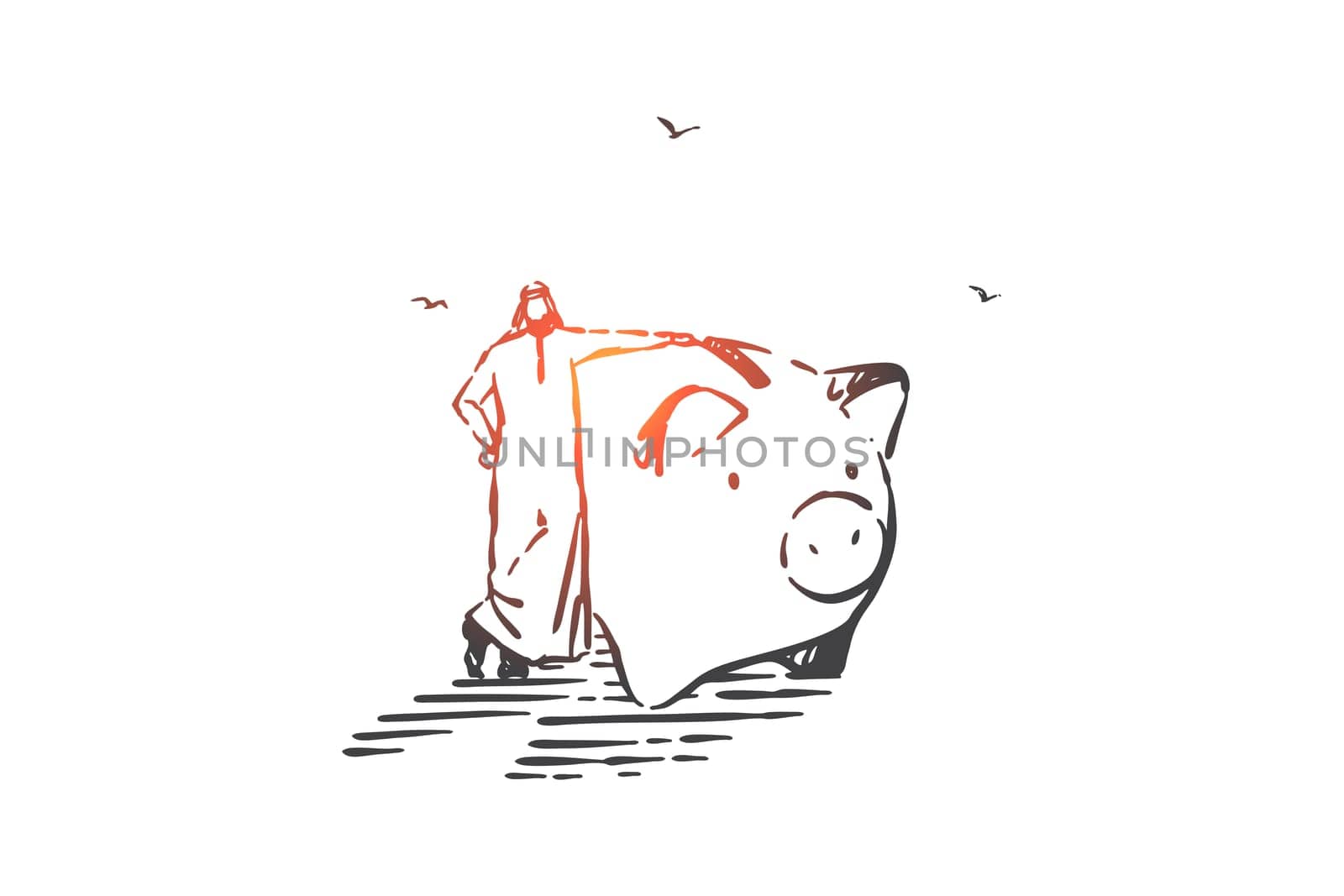 Bank deposit investment concept sketch. Economic literacy, money saving, financial reserve, finances management metaphor, smart arab businessman, muslim investor. Hand drawn isolated vector