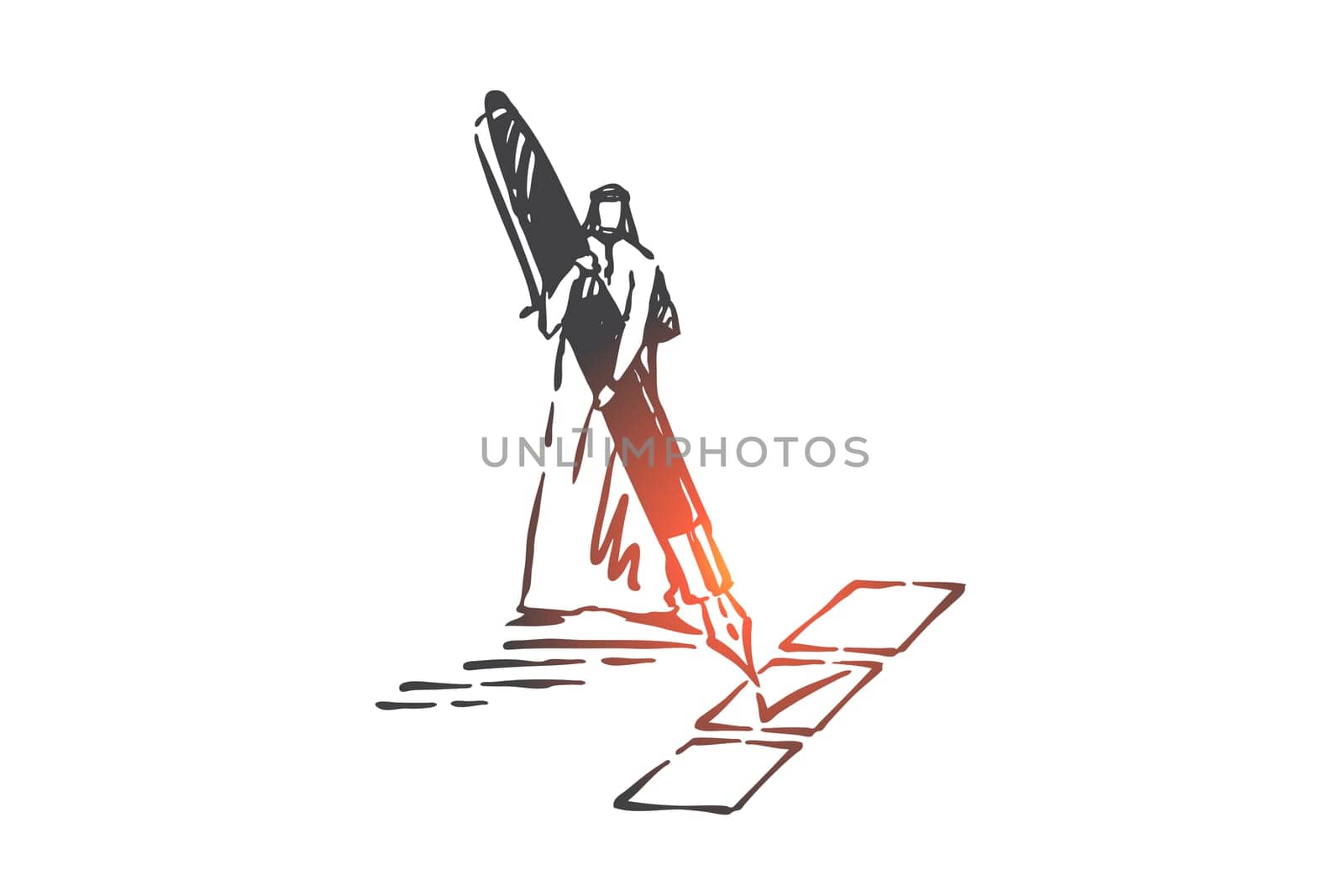 Opinion survey, paperwork concept sketch. Checklist, voting ballot, questionnaire filling metaphor, arab businessman choosing option, muslim man holding big pen. Hand drawn isolated vector