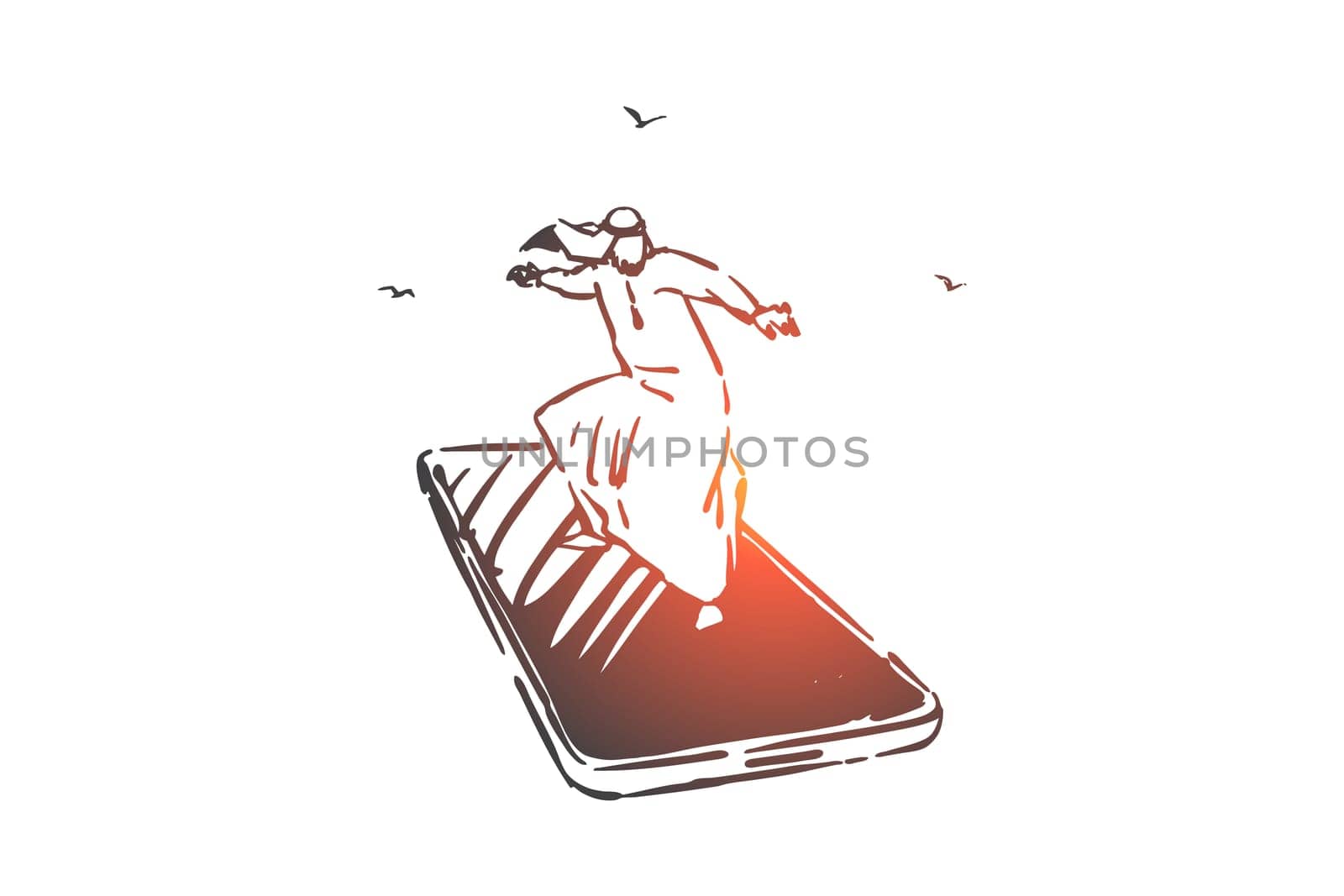Modern mobile technology concept sketch. Arab businessman on huge smartphone, fast internet surfing metaphor, online information search, muslim man on cellphone. Hand drawn isolated vector