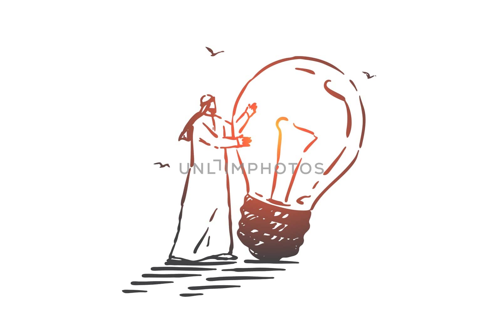 Idea generation, brainstorm concept sketch. Creative entrepreneurship, thinking metaphor, arab businessman holding light bulb, muslim man with innovative business solution. Hand drawn isolated vector