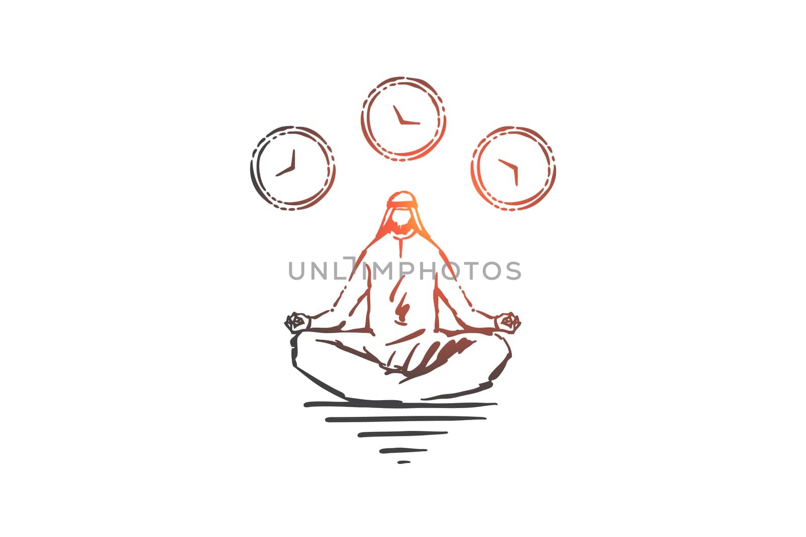 Meditation and relaxation concept sketch. Muslim man sitting in lotus pose enjoying tranquility, Arab training concentration, life balance, harmony and time management. Hand drawn isolated vector
