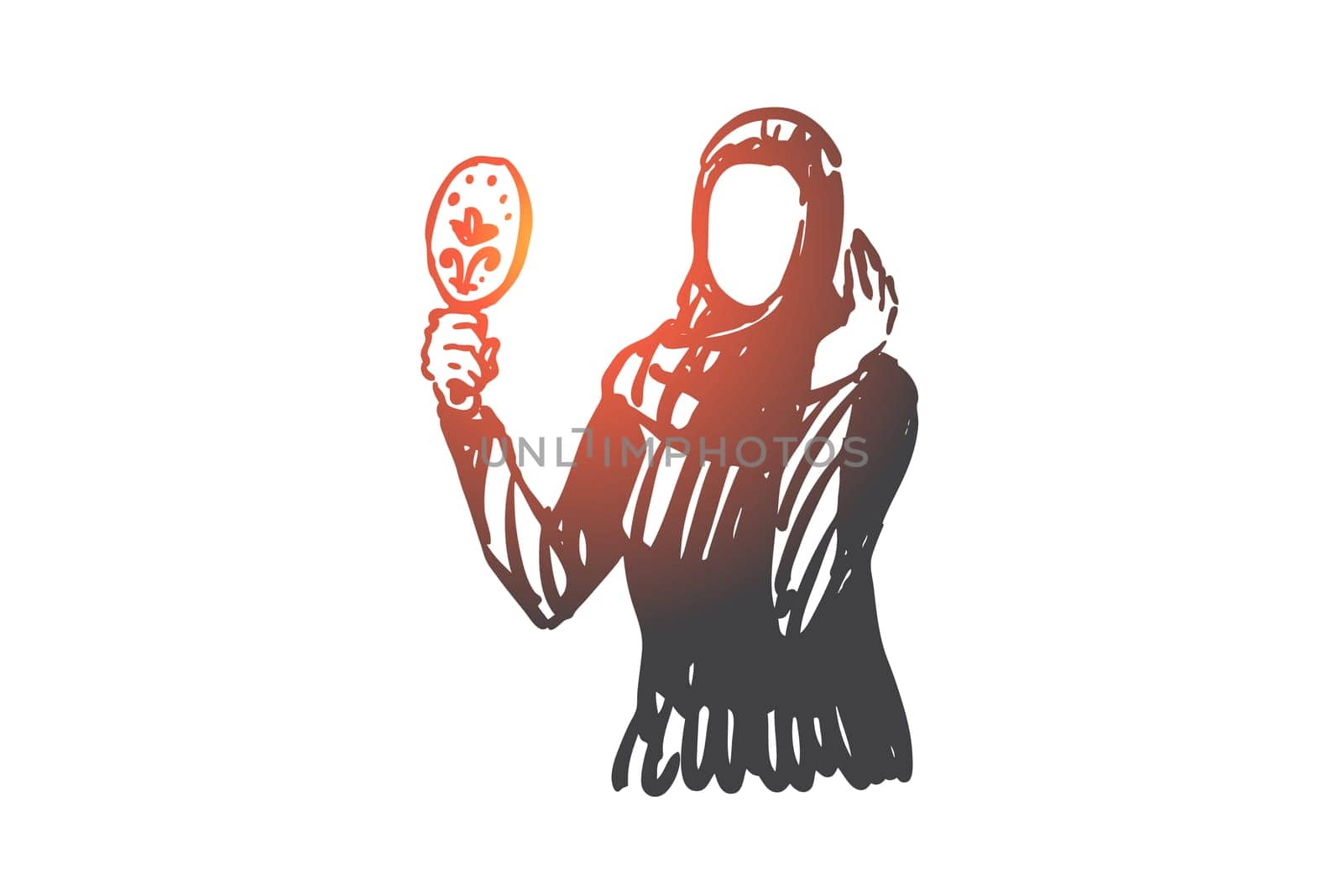 Beauty, confidence, narcissism concept sketch. Self care, Muslim woman in hijab looking in mirror, Arab female character in traditional clothes doing makeup. Hand drawn isolated vector