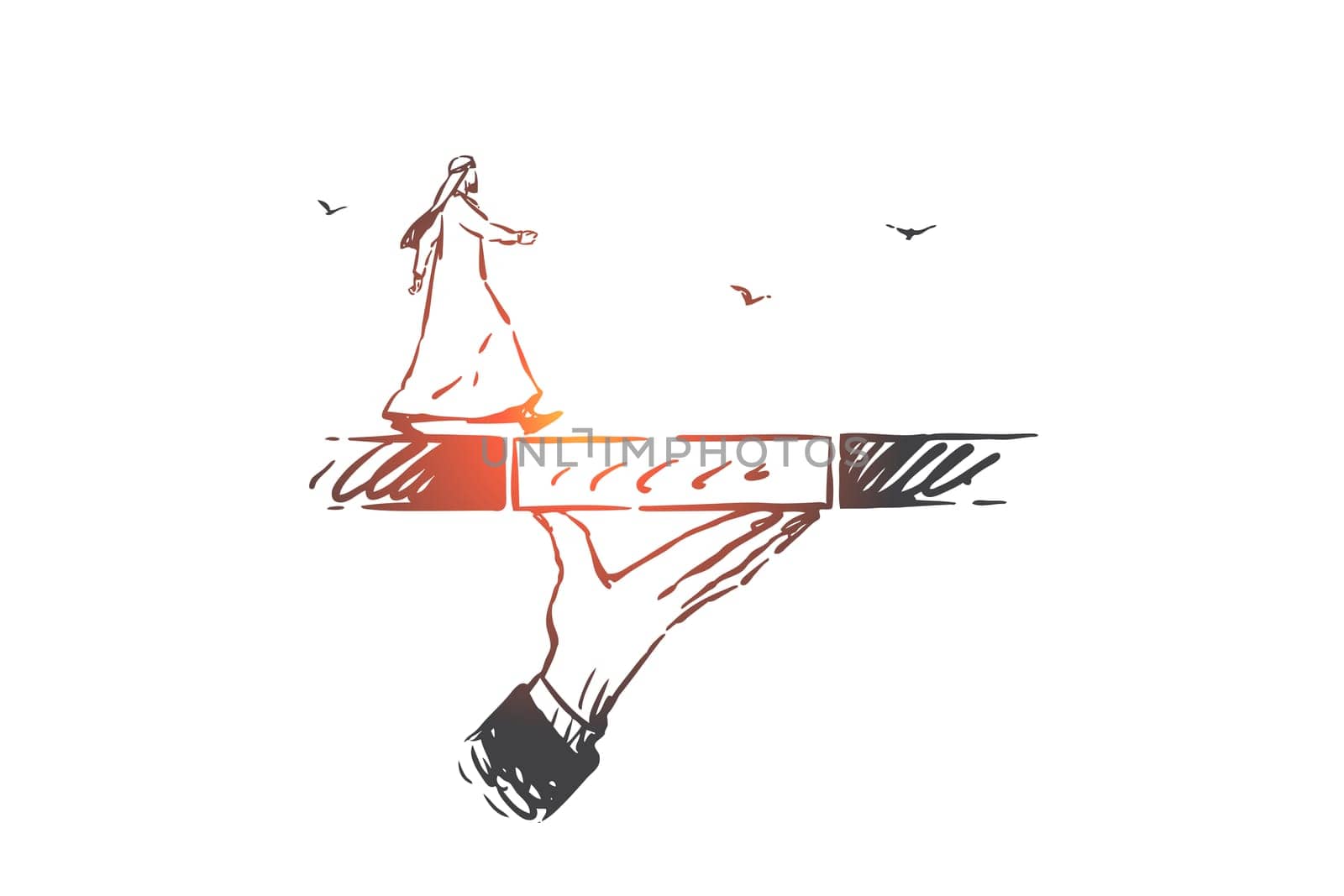 Support, coaching, leadership concept sketch. Team leader hand holding bridge with Muslim businessman, Arab solving business problem, ambitions metaphor. Hand drawn isolated vector