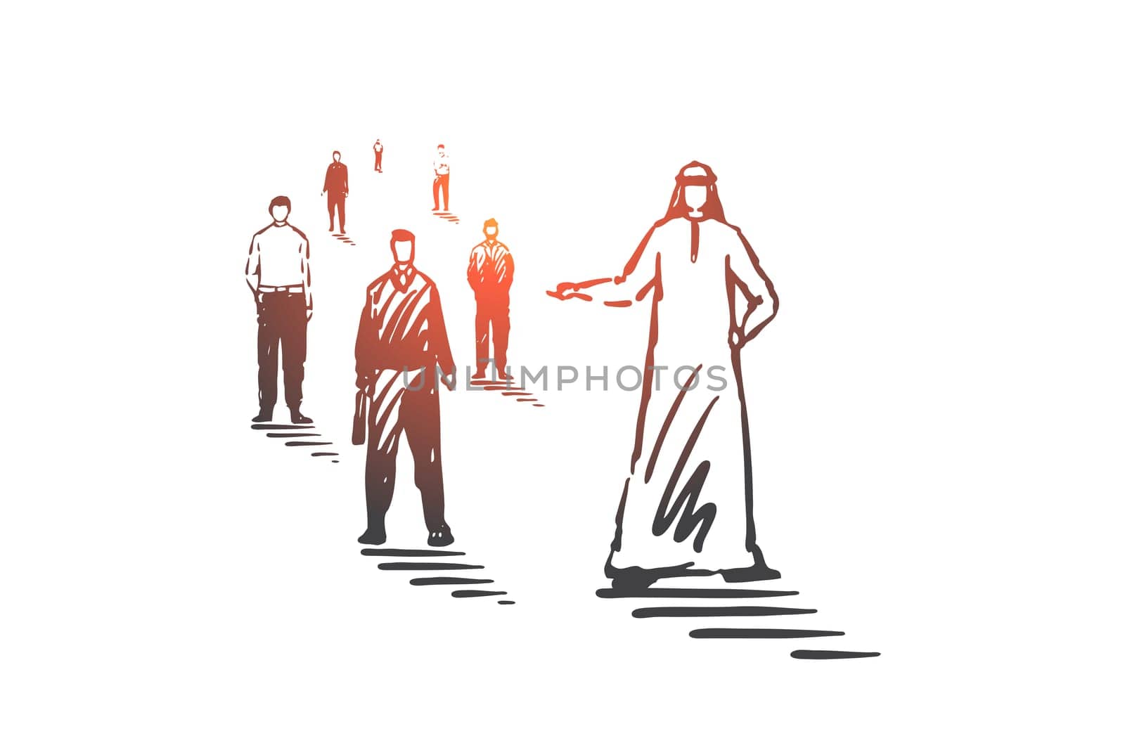International team, teamwork concept sketch. Human resources management, business partnership, recruitment metaphor, arab businessman, muslim hr manager selecting recruits. Hand drawn isolated vector
