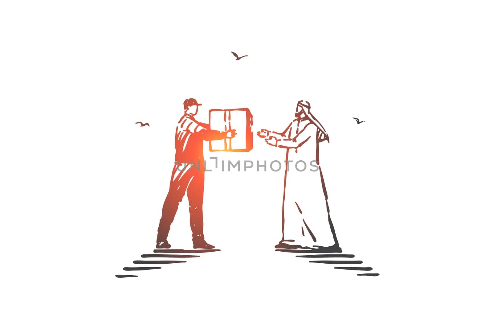 Express delivery business concept sketch. Transportation industry, commerce, package delivering, arab businessman, muslim man receiving parcel, professional courier service. Hand drawn isolated vector