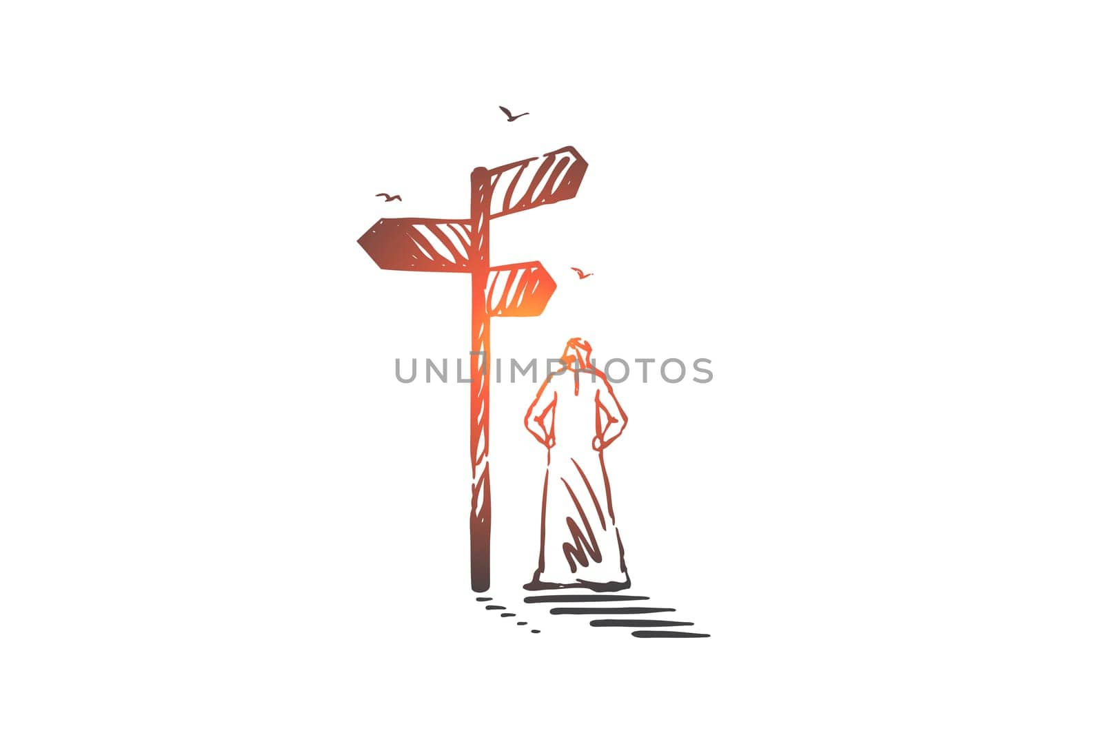 Business direction choice concept sketch. Arab man standing by navigation sign post, multiple career options, decision making metaphor, muslim businessman choosing path. Hand drawn isolated vector