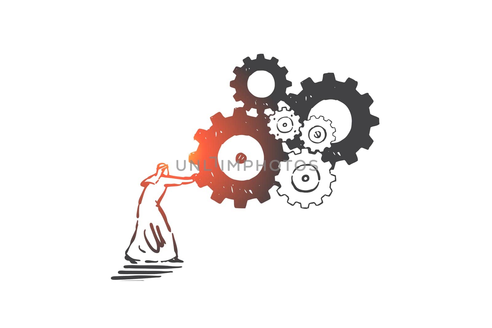 Business problem solving concept sketch. Arab man brainstorming, Muslim businessman innovation and creative solution, teamwork and cooperation strategy metaphor. Hand drawn isolated vector