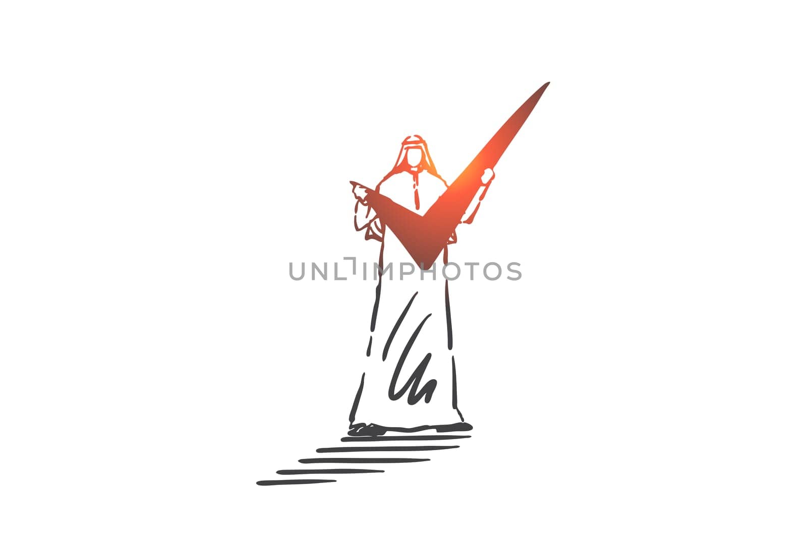 Task and project management concept sketch. Arab man holding checklist tick symbol, Muslim businessman male character completing deals, voting and choice metaphor. Hand drawn isolated vector