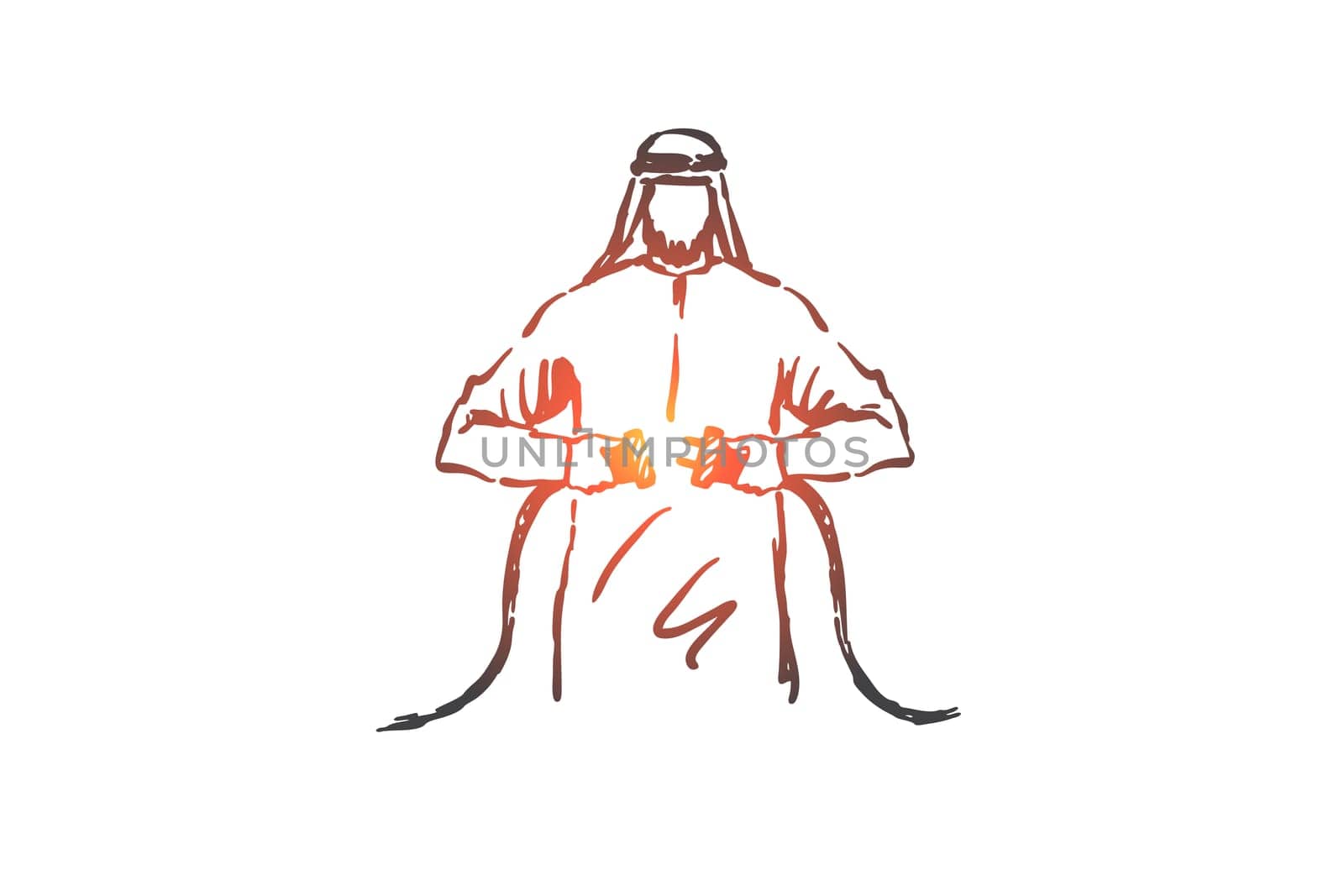 Business connection establishment concept sketch. Arab businessman holding plug and outlet, project start, startup launch metaphor, muslim man disconnecting socket. Hand drawn isolated vector