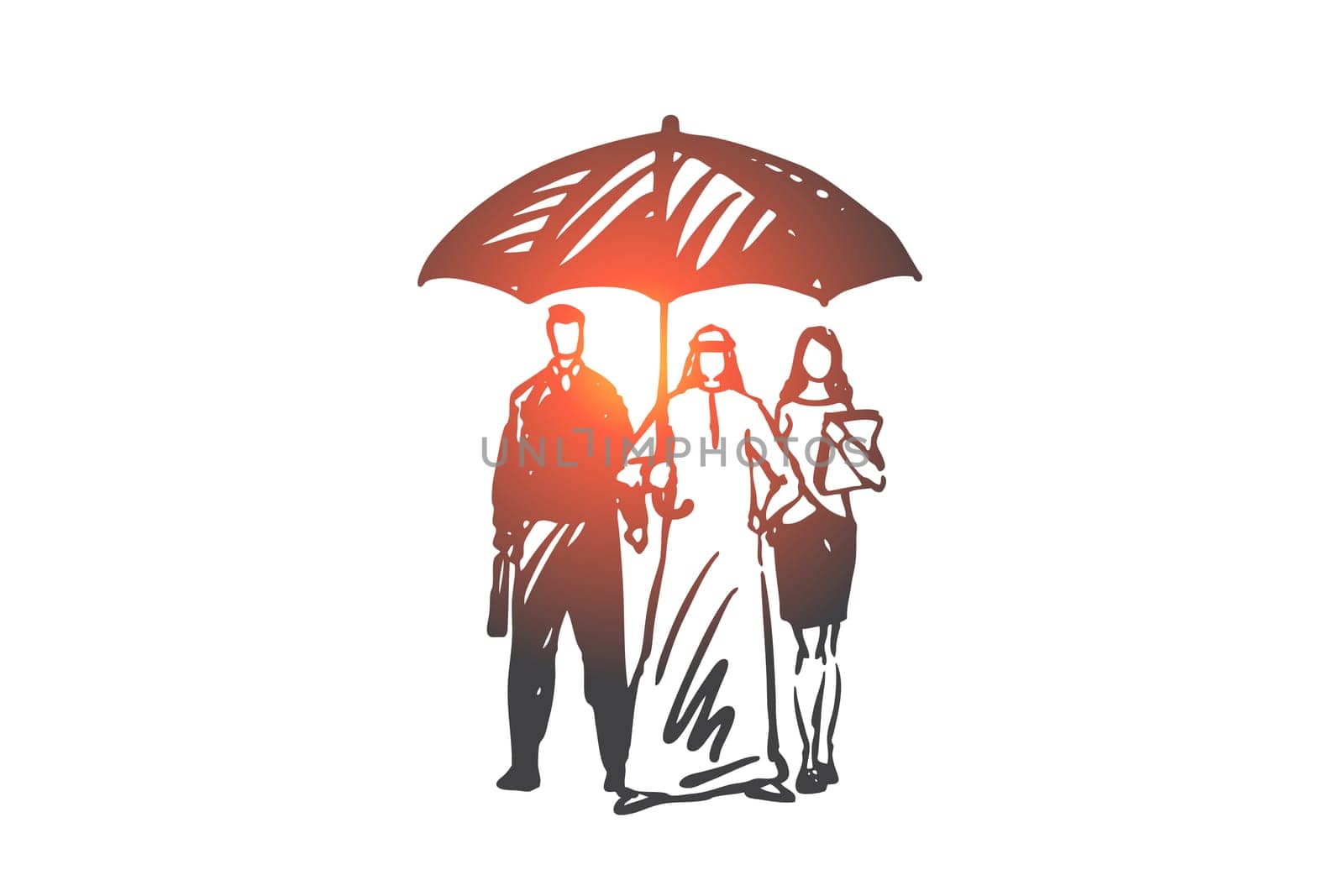 Health, life insurance concept sketch. Business safety assurance, financial protection metaphor, arab businessman, muslim client and agents standing under open umbrella. Hand drawn isolated vector