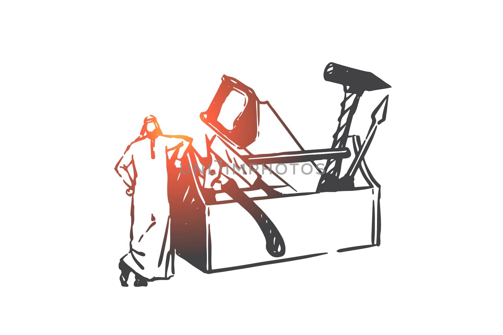 Repair service, workshop concept sketch. Carpenter profession, technician, mechanic occupation, muslim man with repairman equipment, arab handyman with huge tool box. Hand drawn isolated vector