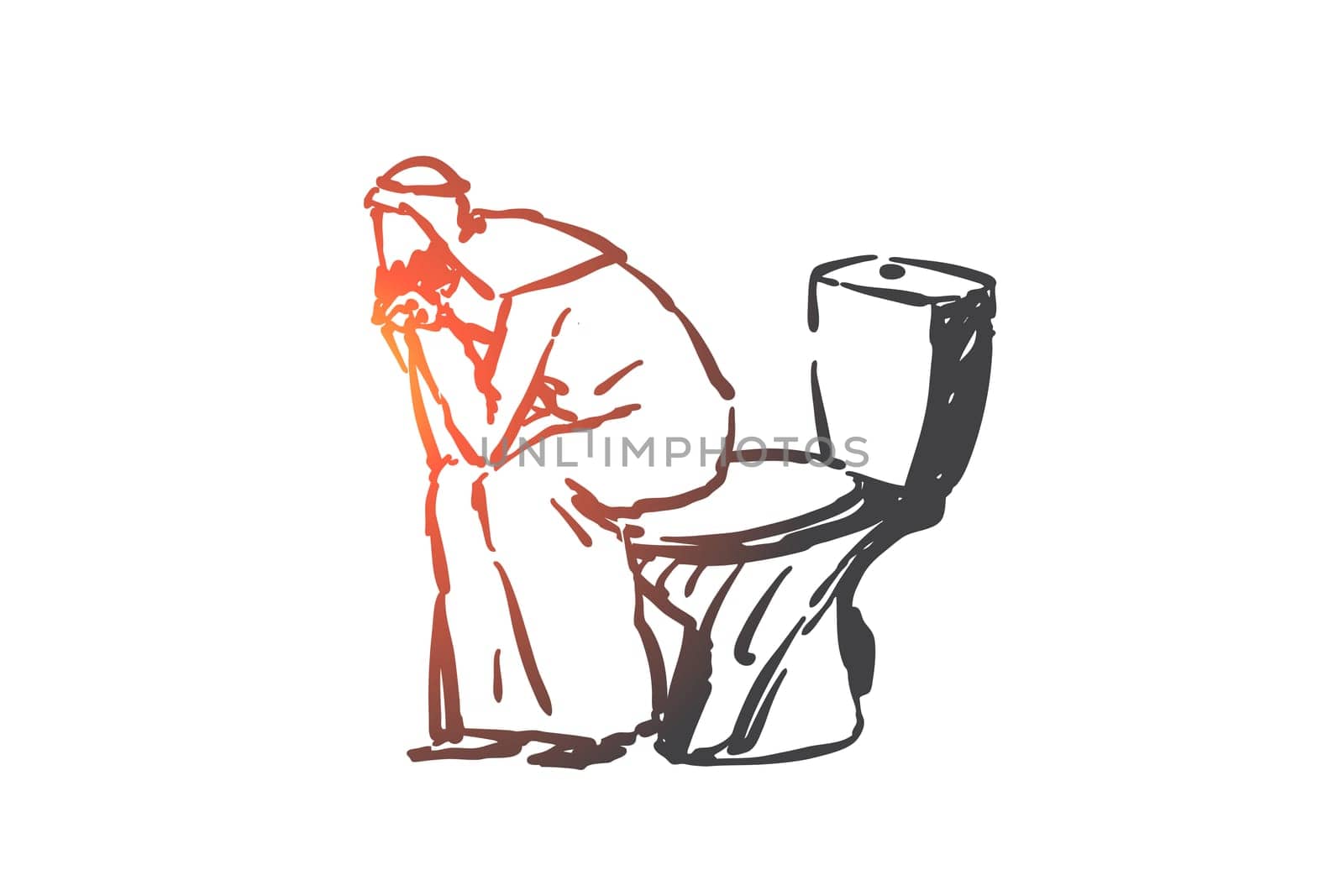Business strategy planning concept sketch. Idea generation, brainstorm creative metaphor, thoughtful arab businessman taking thought, muslim man thinking in restroom. Hand drawn isolated vector