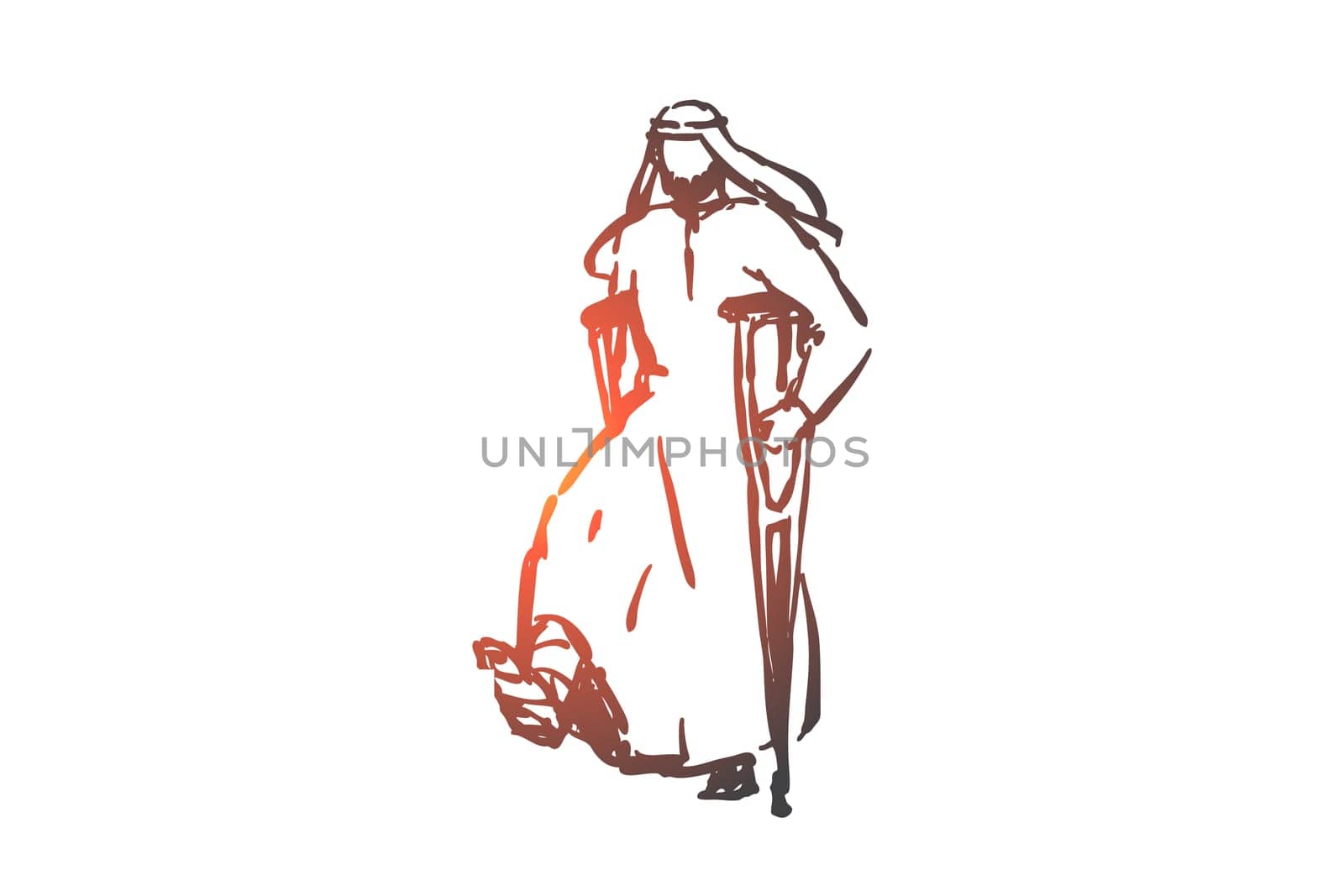 Work injury, trauma concept sketch. Insurance case, leg break, medical assistance, healthcare, injured arab businessman on crutches, muslim man with plastered foot. Hand drawn isolated vector