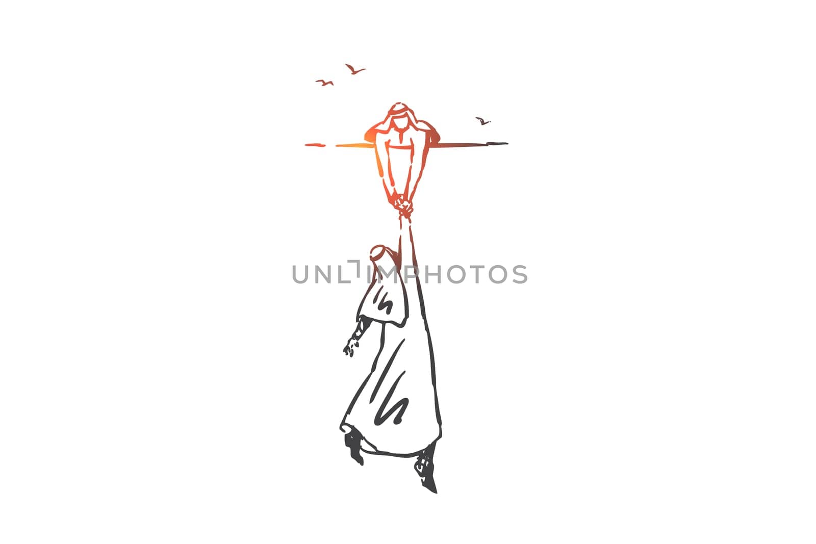 Business help, support concept sketch. Partnership, assistance metaphor, fall prevention, arab businessman saving muslim friend in trouble, life risk, dangerous situation. Hand drawn isolated vector