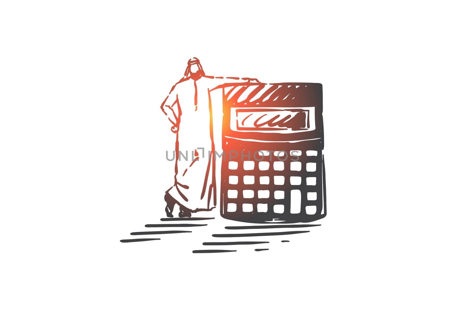 Business risk calculation concept sketch. Budget assessment, financial audit, economic literacy, accounting, bookkeeping metaphor, arab businessman with calculator. Hand drawn isolated vector