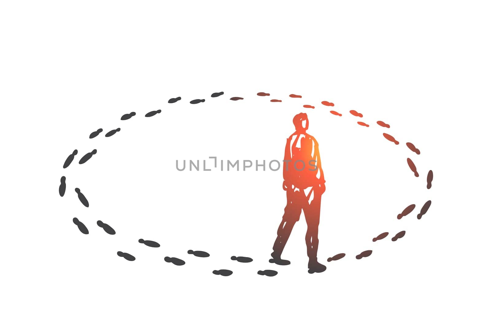 Vicious circle, monotony concept sketch. Ineffective problem solution, monotonous work, business routine creative metaphor, office worker, businessman walking in circles. Hand drawn isolated vector