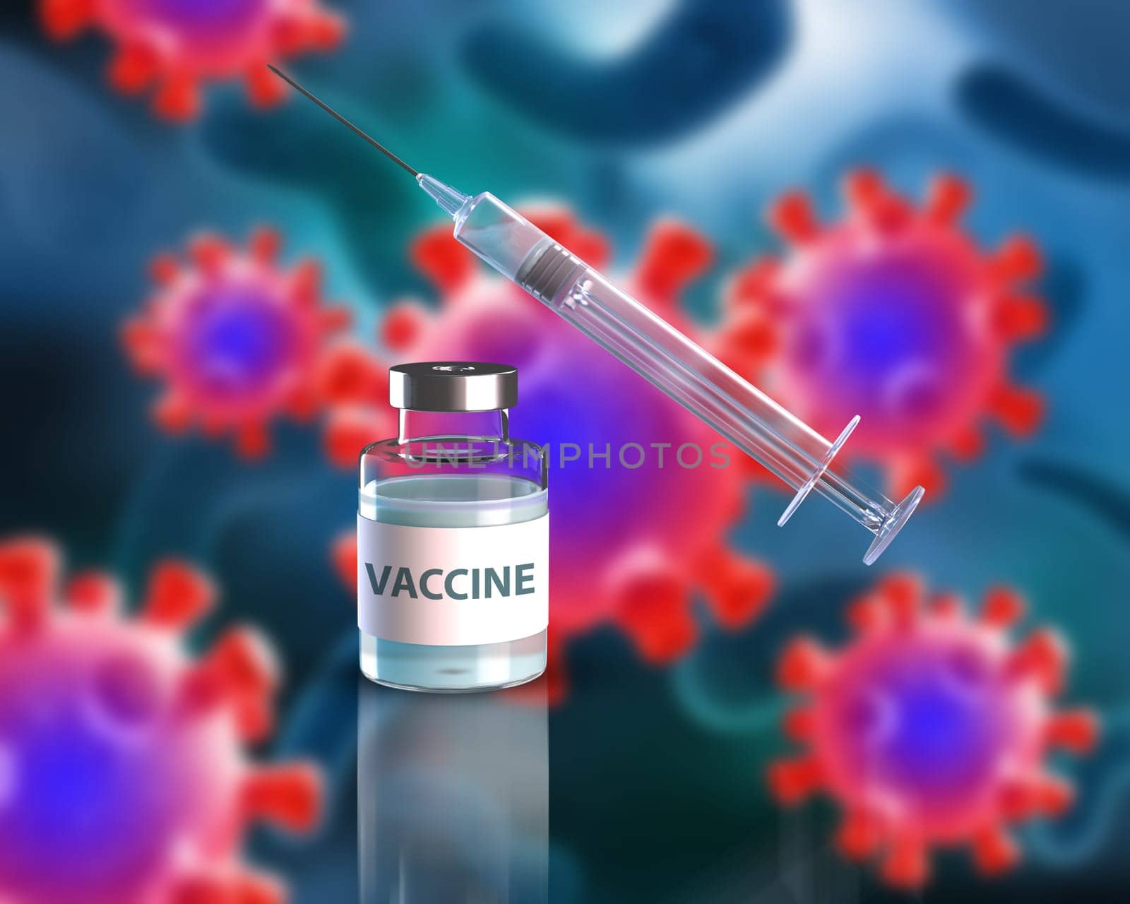 3D render of a medical background with abstract Covid 19 virus cells and vaccine