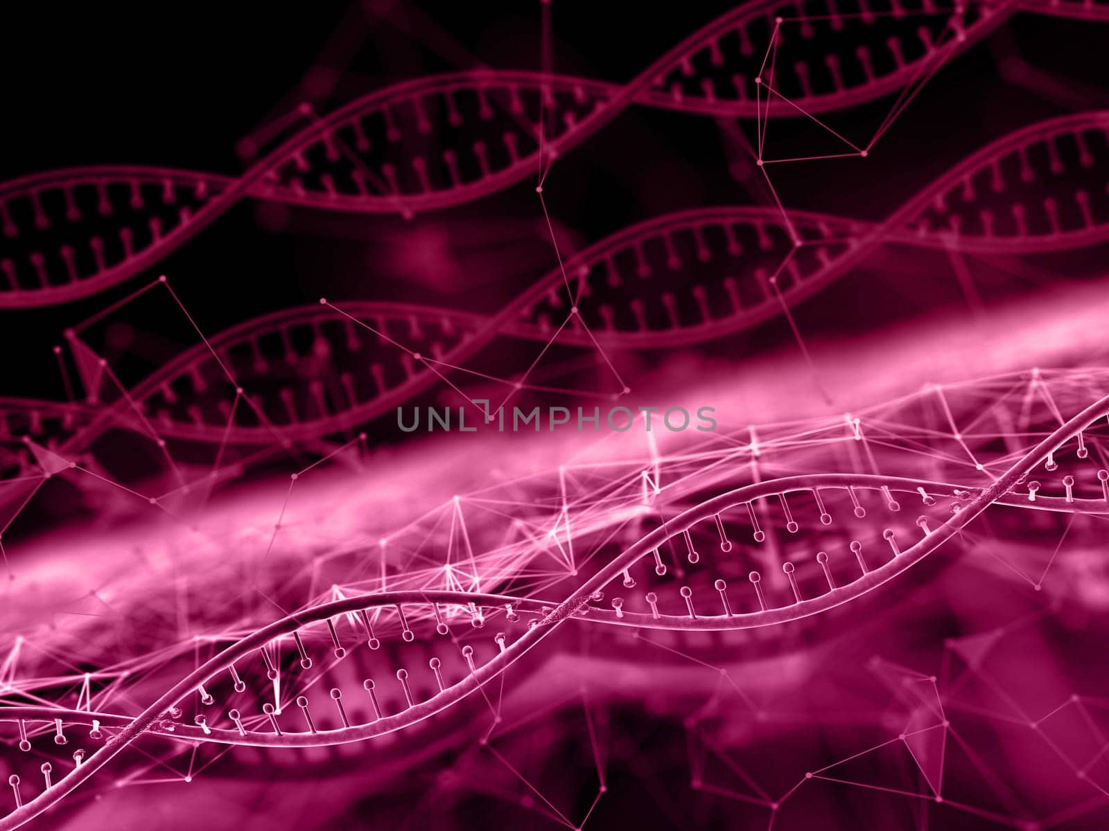 3D render of a medical background with abstract DNA strands on low poly plexus design